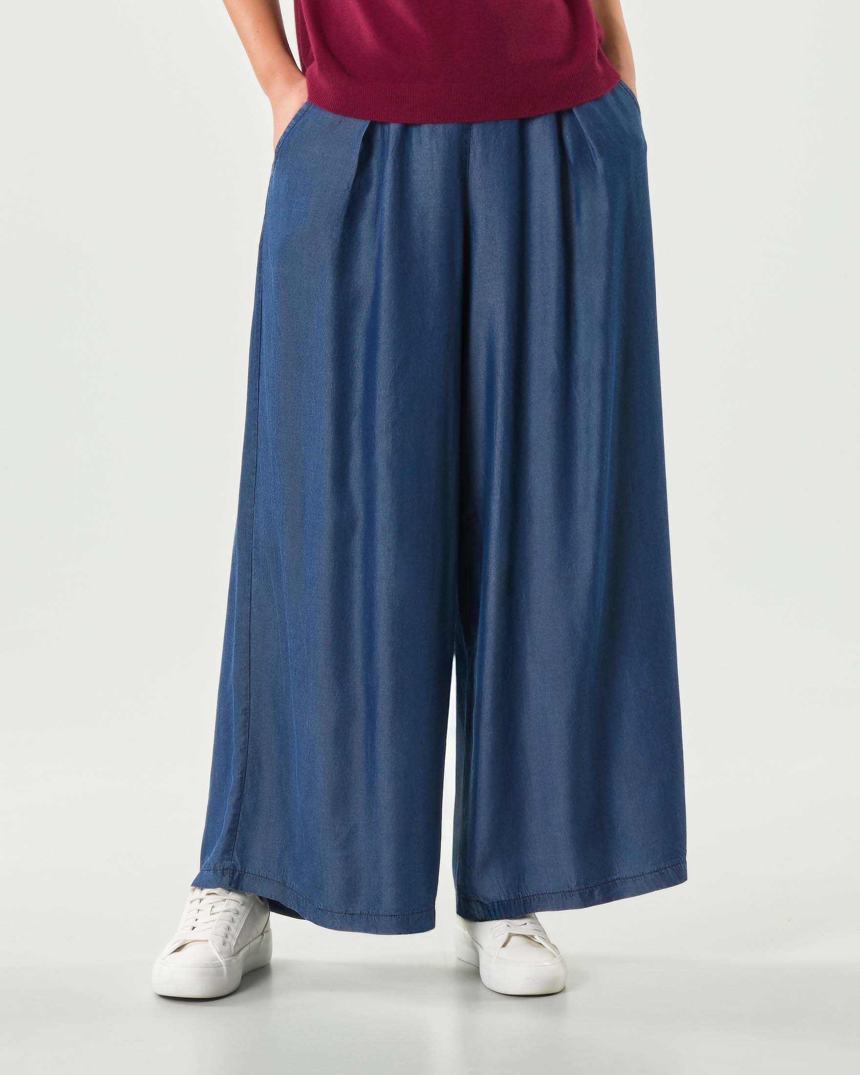 Pantaloni palazzo blu stone washed Hlo! in lyocell con pinces in vita ed elastico sul retro image