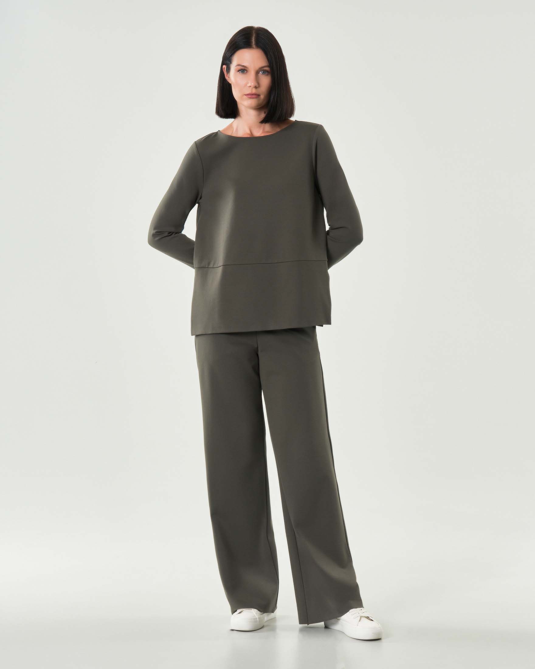 Pantaloni verde militare Hlo! dalla linea a palazzo in tessuto lavorato a punto Milano con elastico inserito in vita