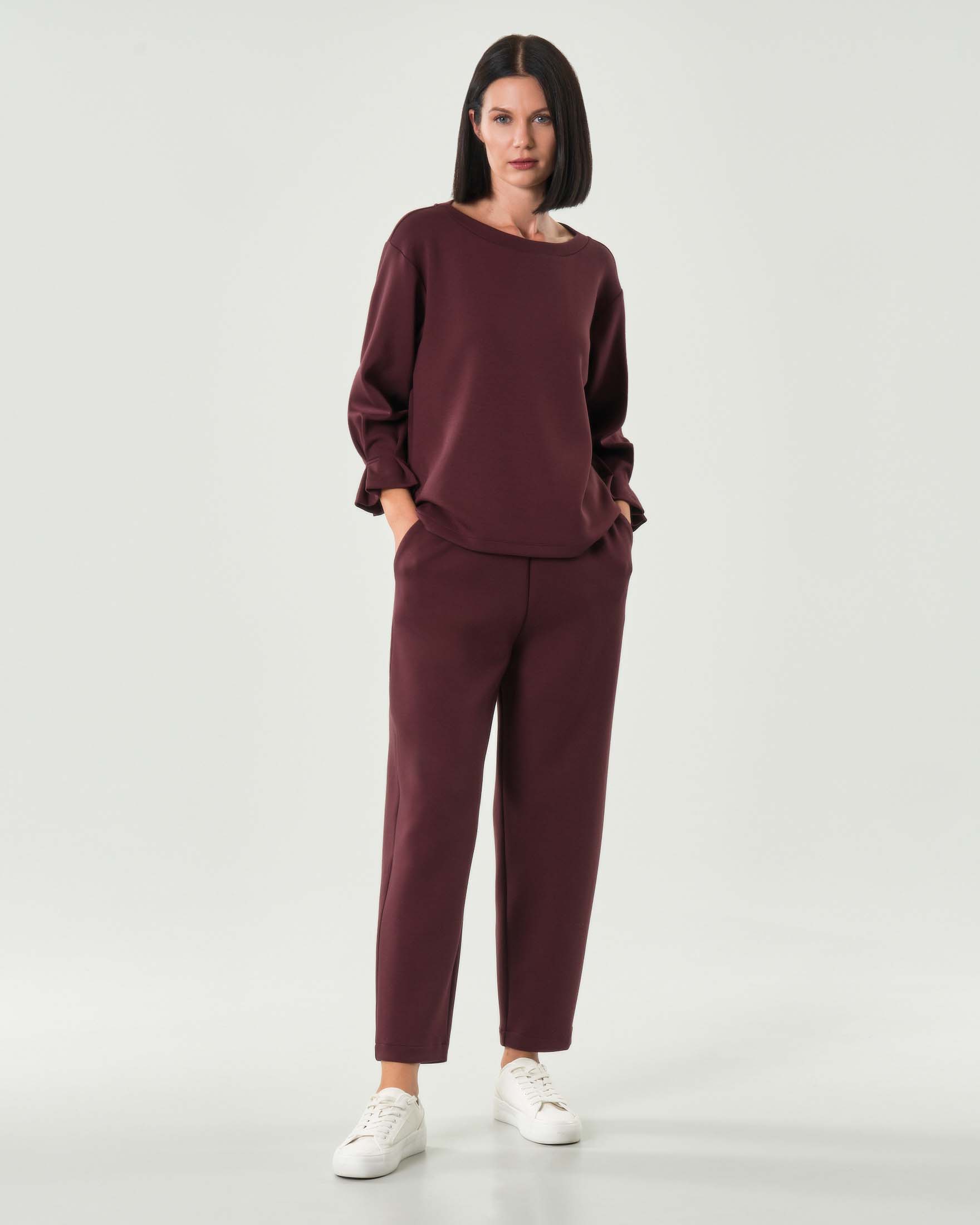 Pantaloni bordeaux Hlo! dalla linea baloon in tessuto effetto scuba con elastico inserito in vita