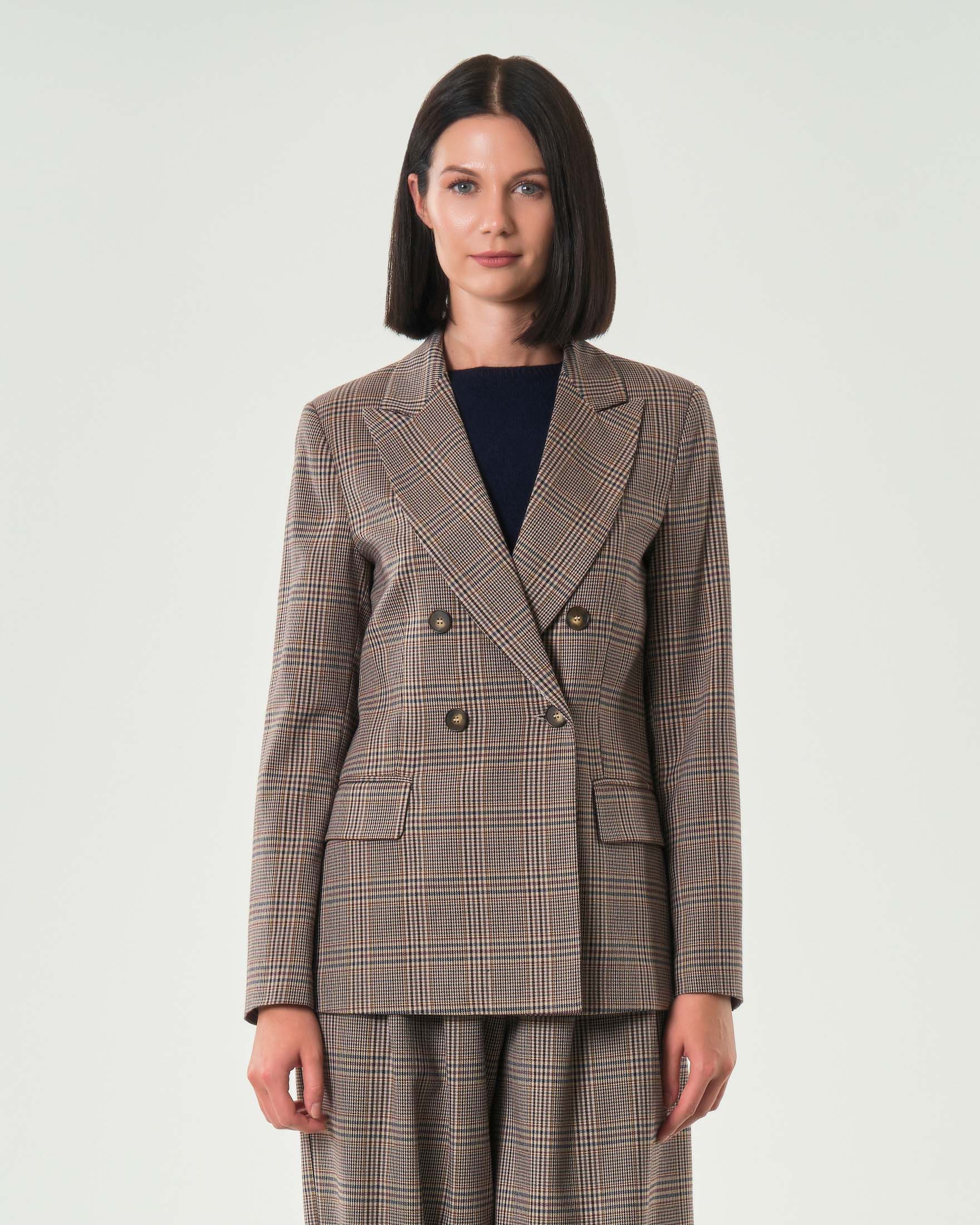 Giacca doppiopetto Hlo! in misto viscosa a fantasia Principe di Galles marrone e blu image