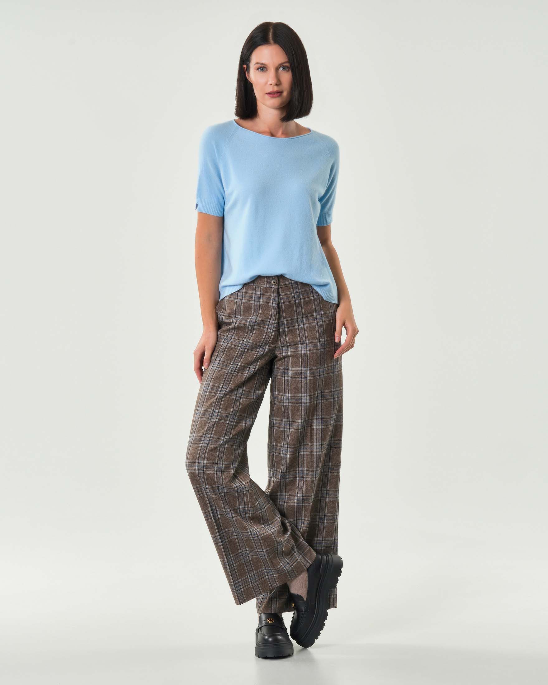 Pantaloni palazzo Hlo! in misto viscosa a fantasia scozzese marrone e azzurra