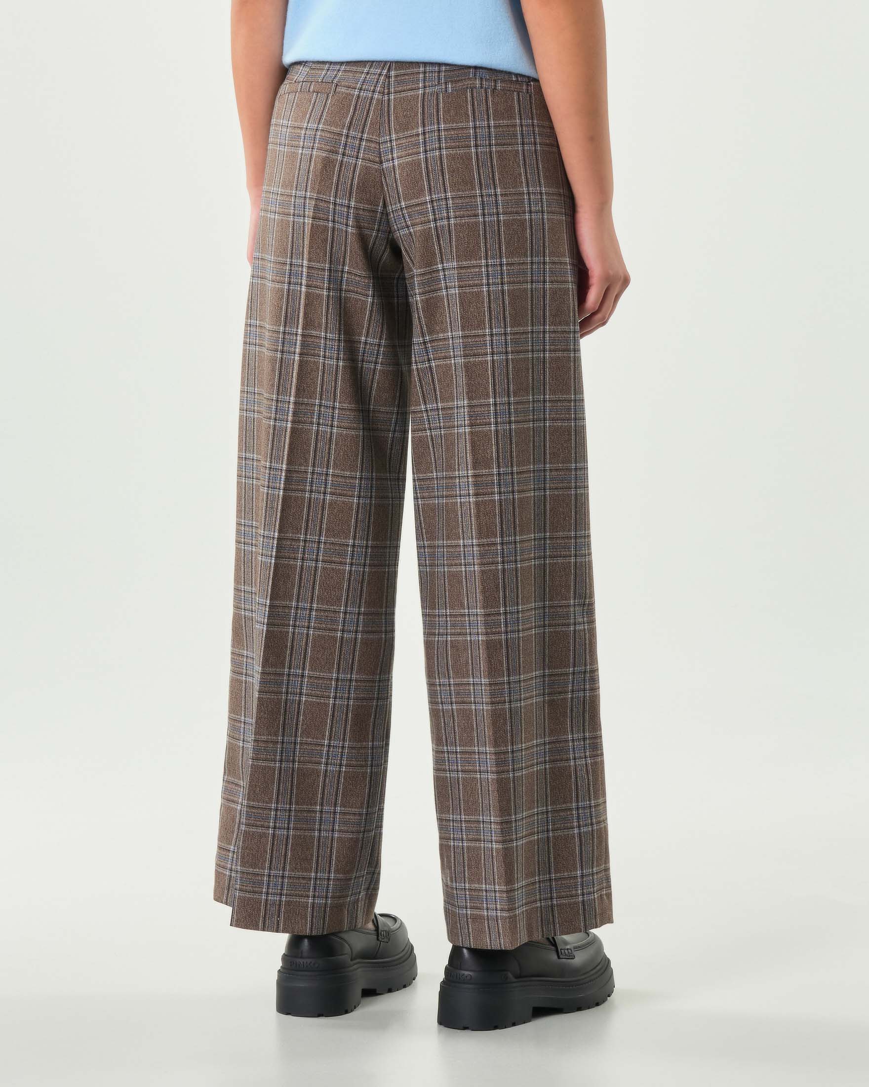 Pantaloni palazzo Hlo! in misto viscosa a fantasia scozzese marrone e azzurra image