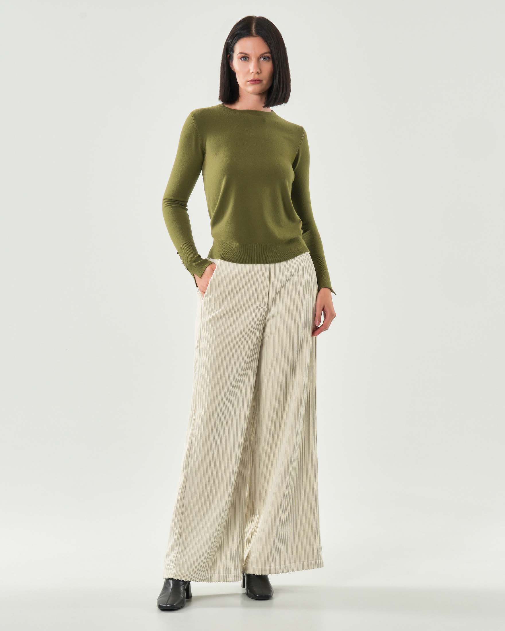 Pantaloni avorio Hlo! dalla linea a palazzo in velluto a coste con elastico in vita