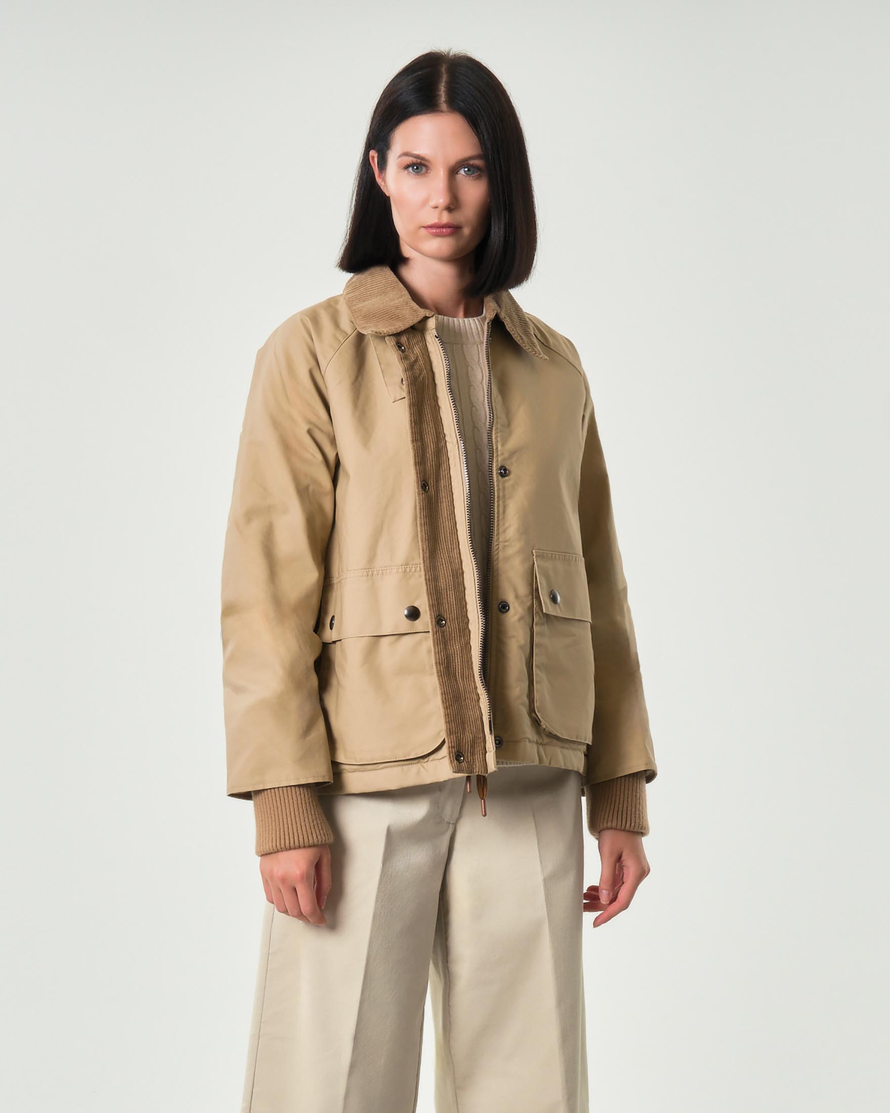 Giacca beige Hlo! in cotone con colletto e profili in velluto abbinato a coste