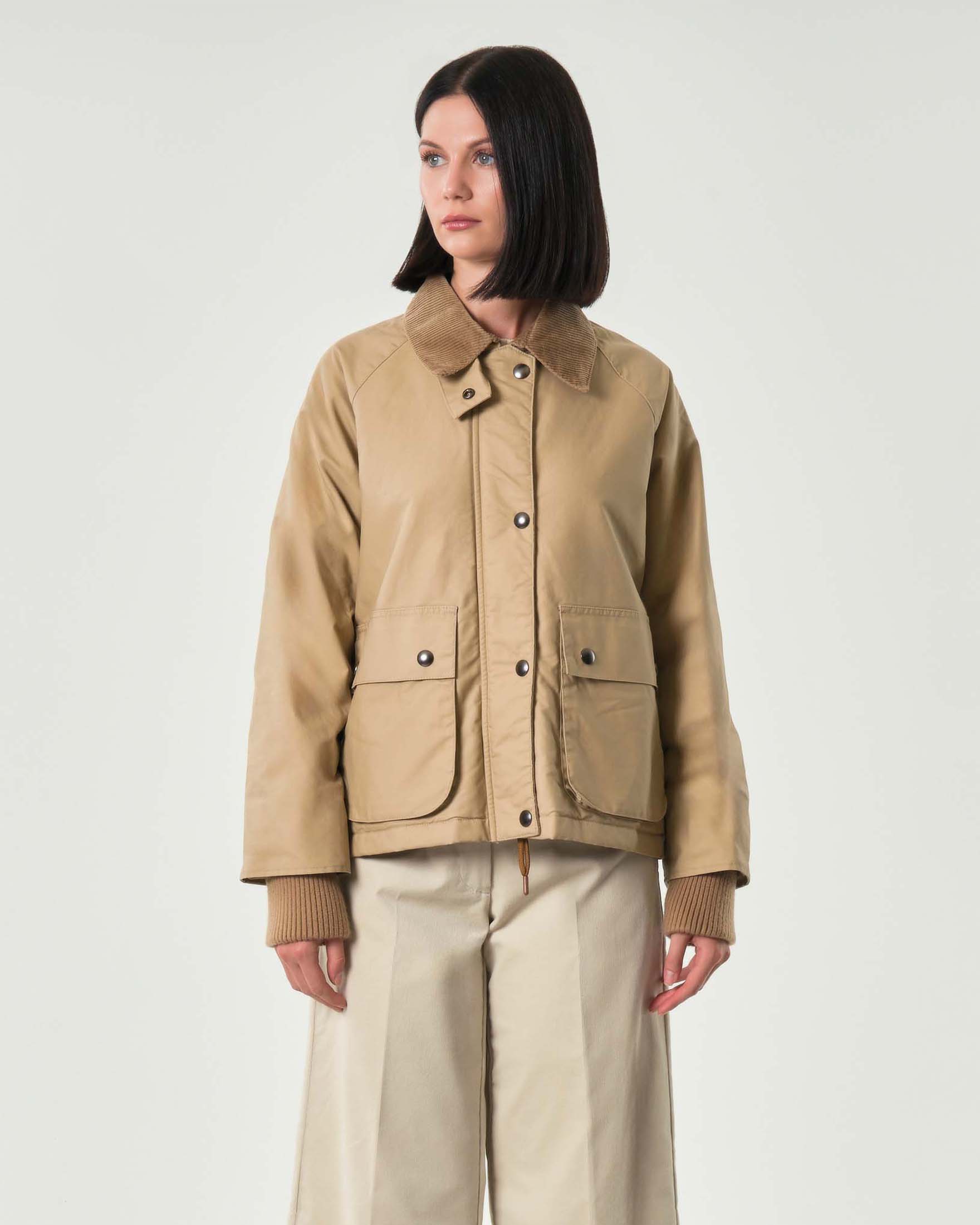 Giacca beige Hlo! in cotone con colletto e profili in velluto abbinato a coste image