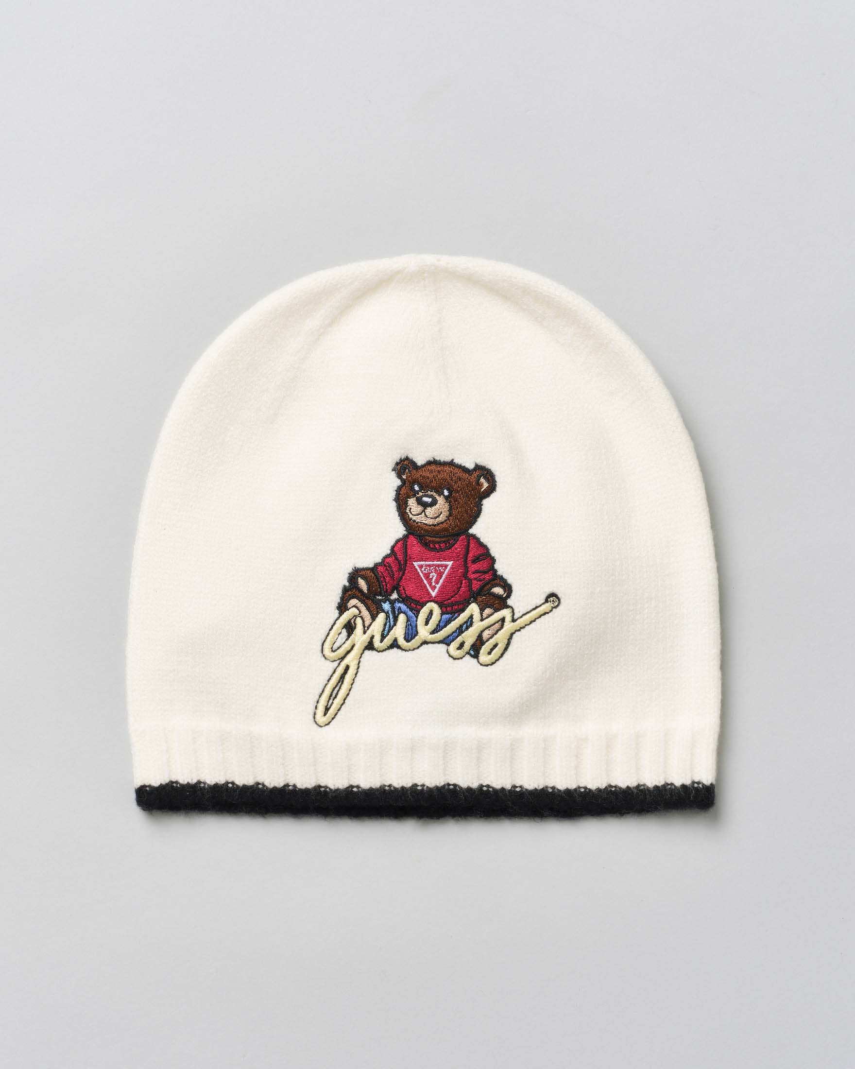 Berrettino Guess in misto viscosa avorio con orsetto logo