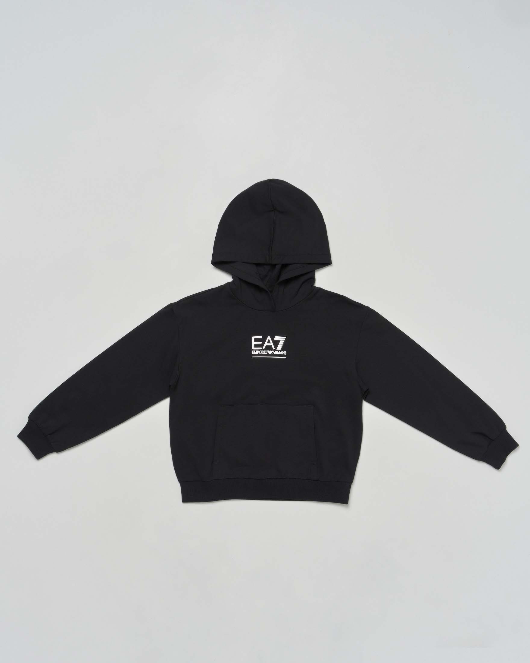 Felpa EA7 nera con cappuccio e logo monogram bianco