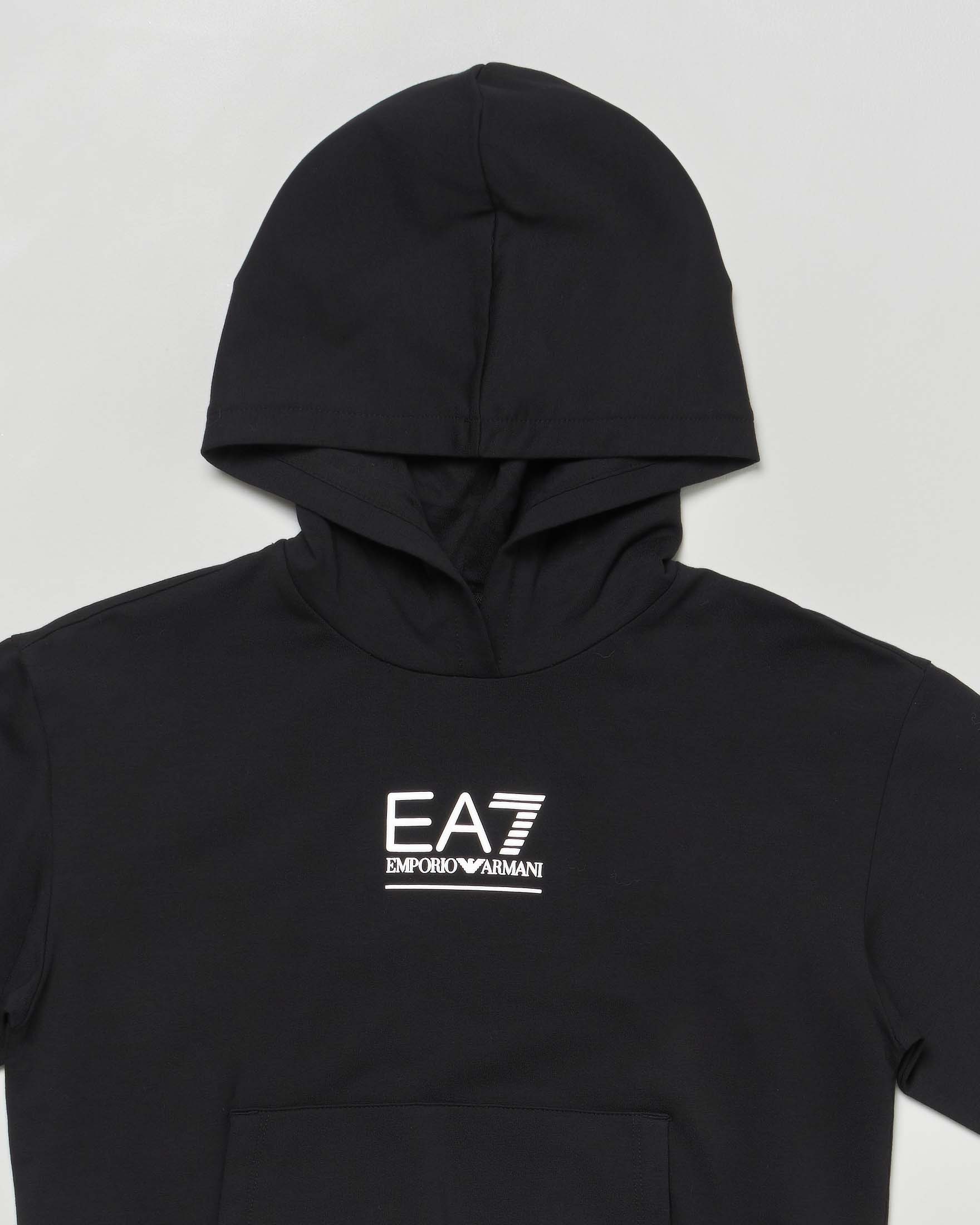 Felpa EA7 nera con cappuccio e logo monogram bianco EA7 Junior