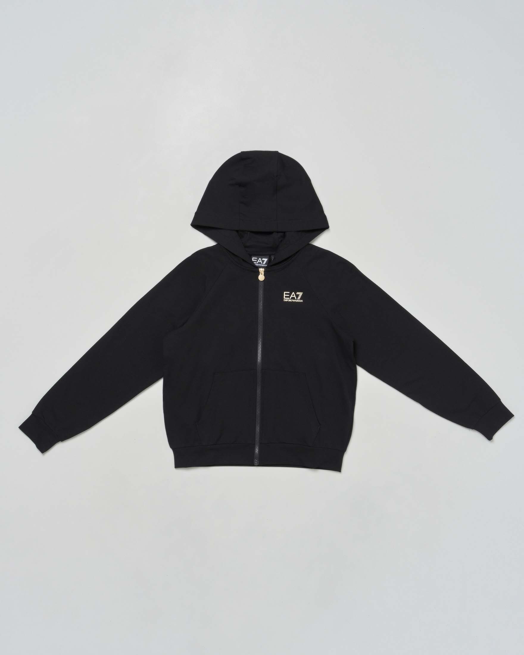 Felpa EA7 nera in misto cotone stretch con cappuccio e zip