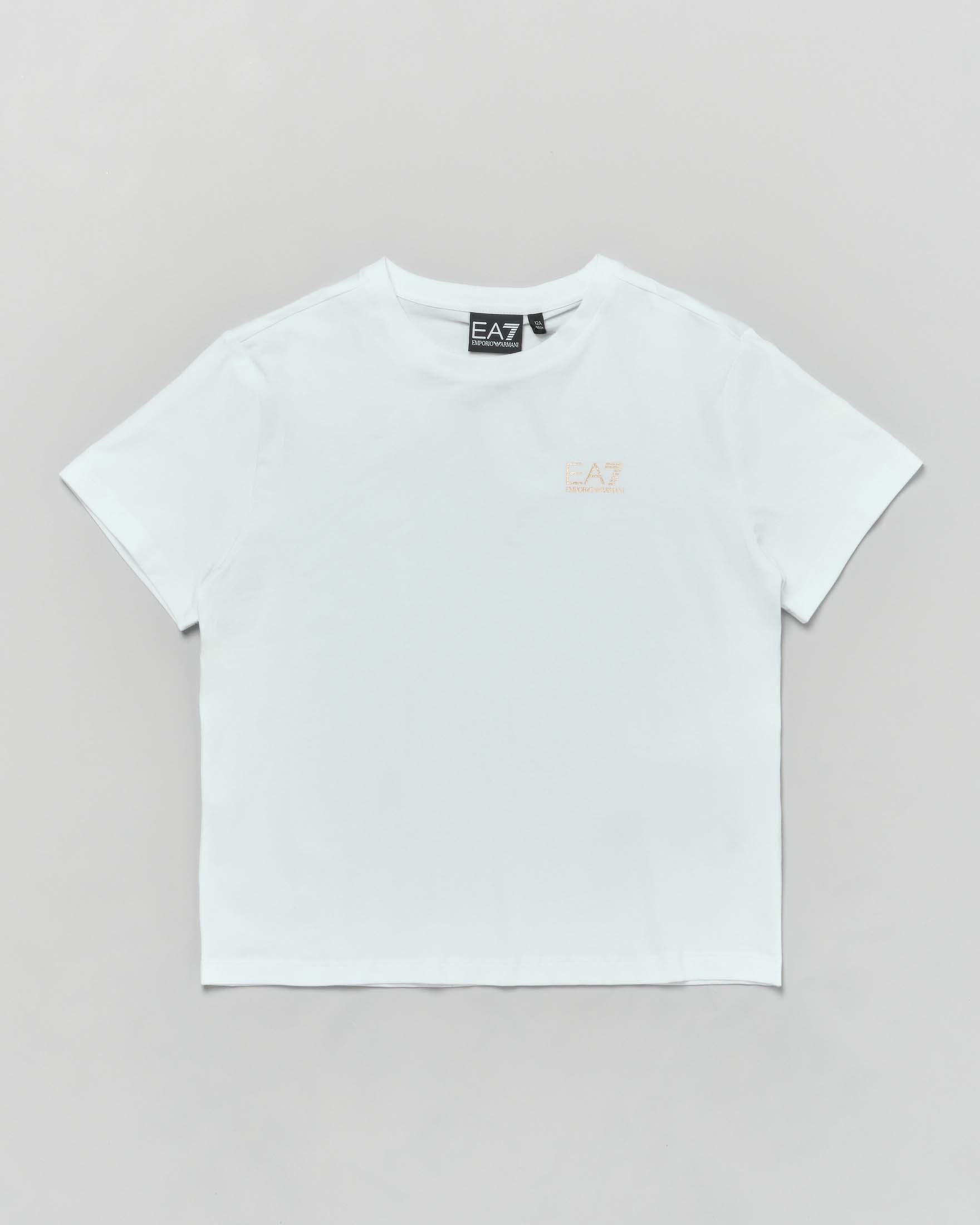 T-shirt EA7 bianca mezza manica in cotone stretch con logo color oro