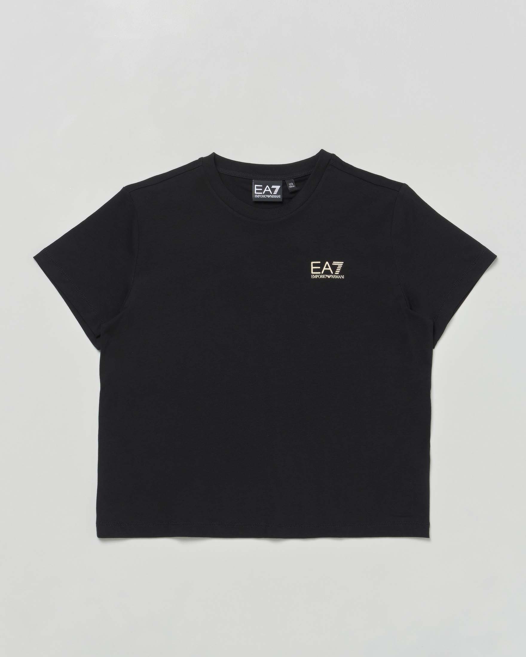 T-shirt EA7 nera mezza manica in cotone stretch con logo color oro