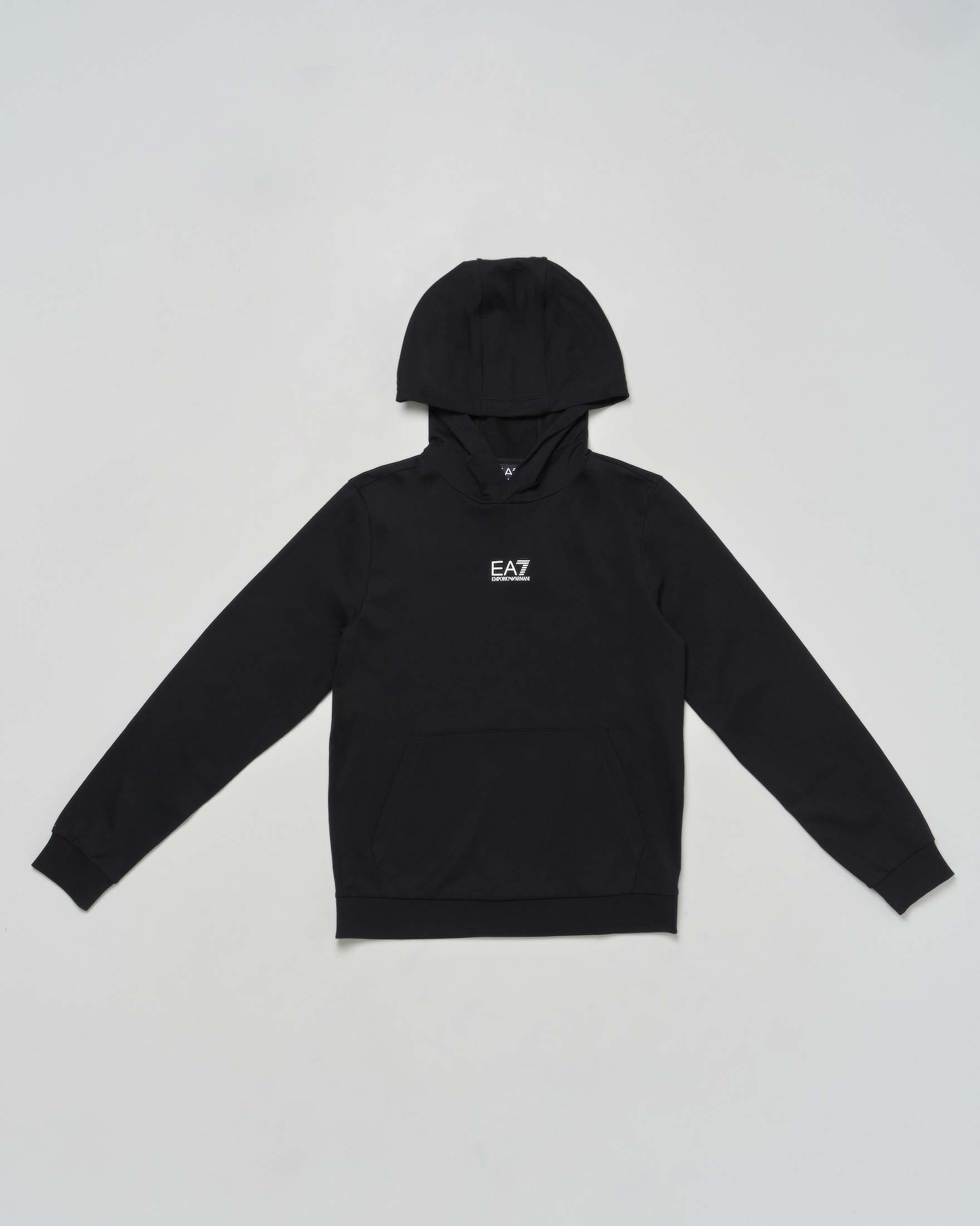 Felpa EA7 nera con cappuccio e logo monogram bianco
