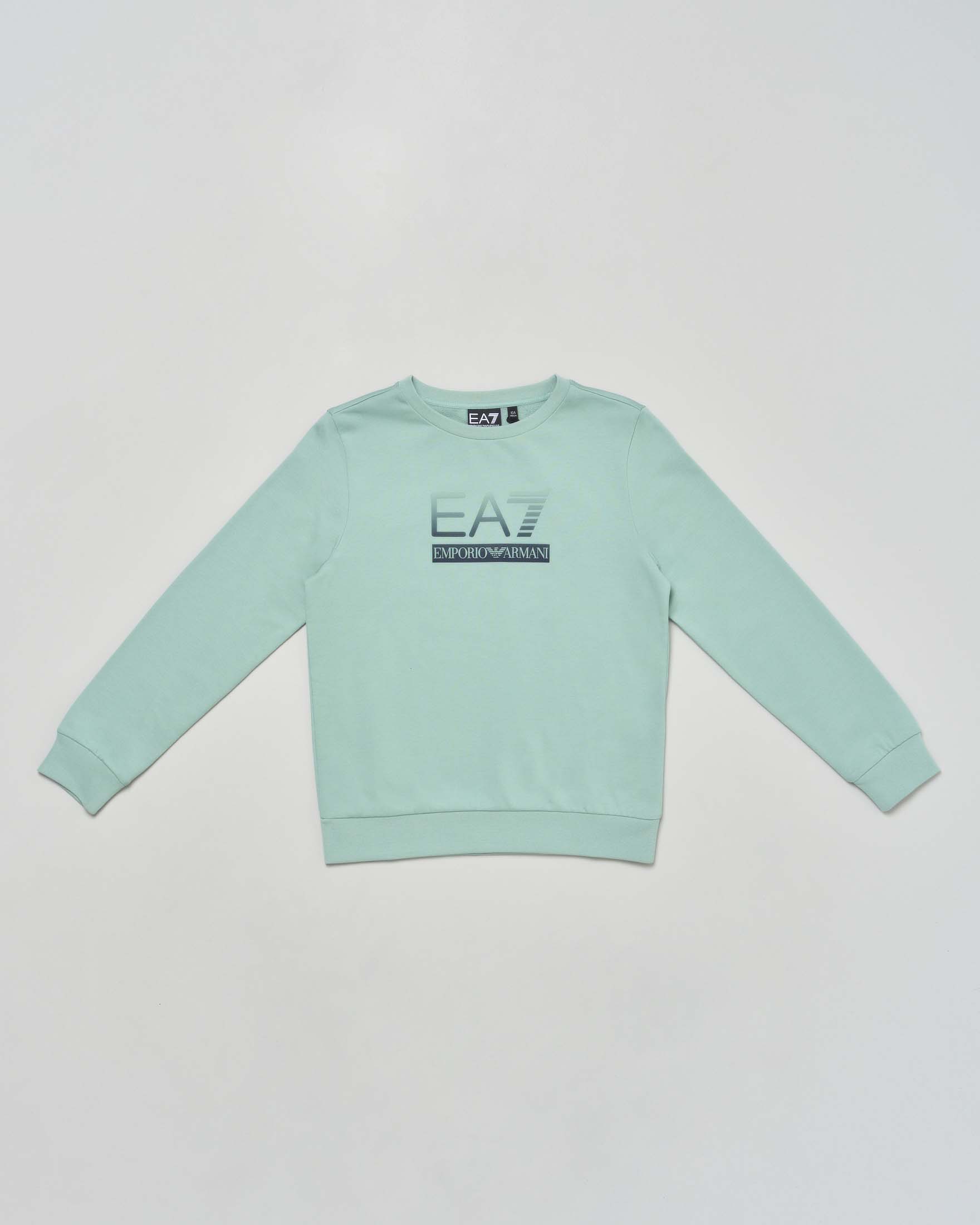 Felpa EA7 verde acqua in cotone garzato girocollo con logo icon
