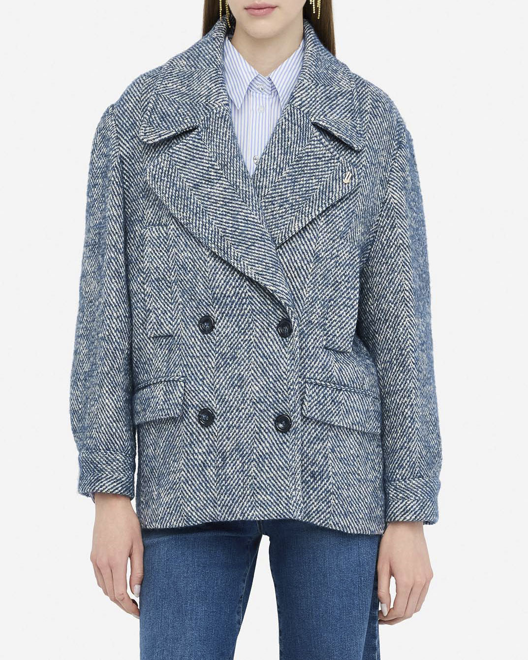 Caban Liu Jo azzurro misto lana alpaca con logo in rilievo