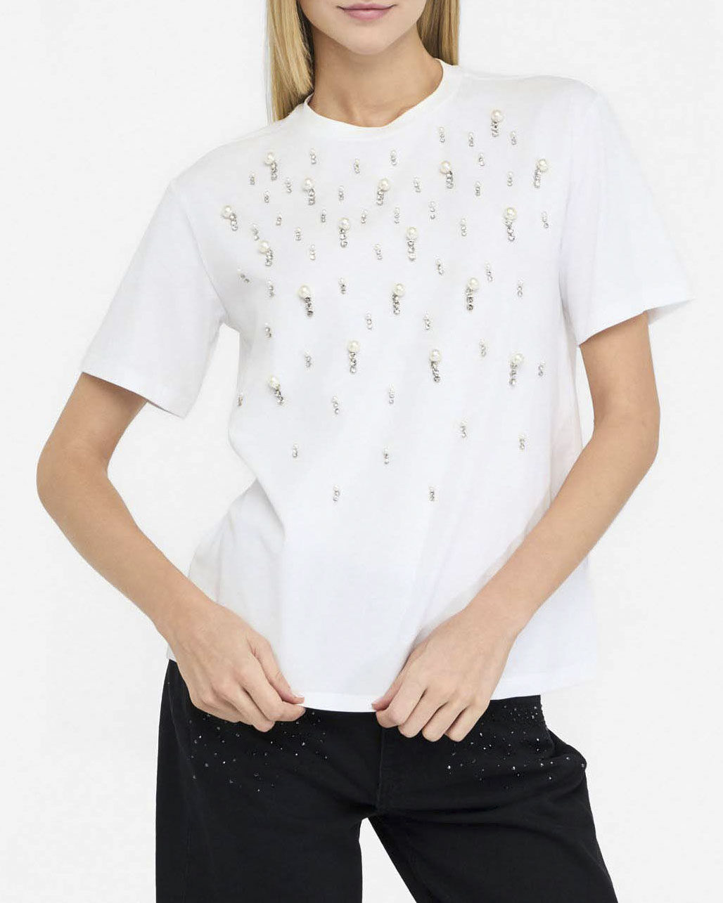 T-shirt Liu Jo bianca in cotone stretch con perle e strass