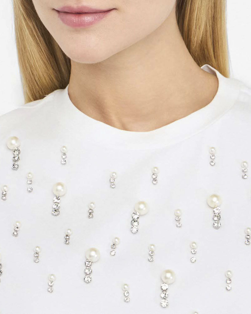 T-shirt Liu Jo bianca in cotone stretch con perle e strass image