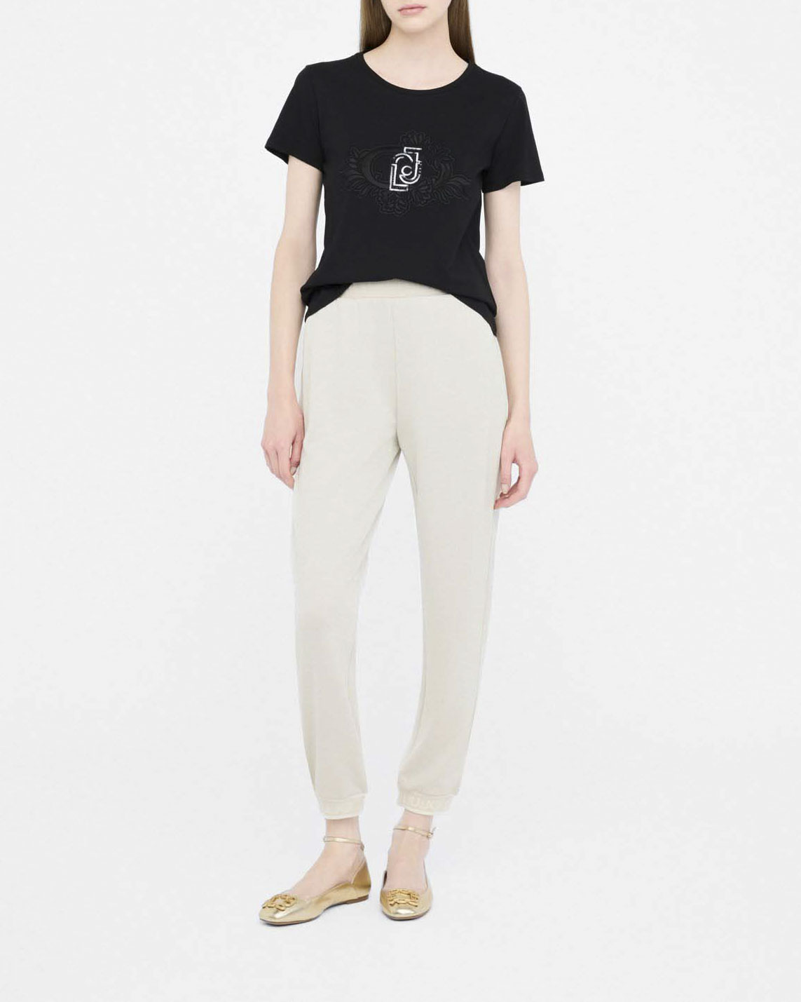 Pantaloni Liu Jo Sport oro in jersey lurex con logo in rilievo