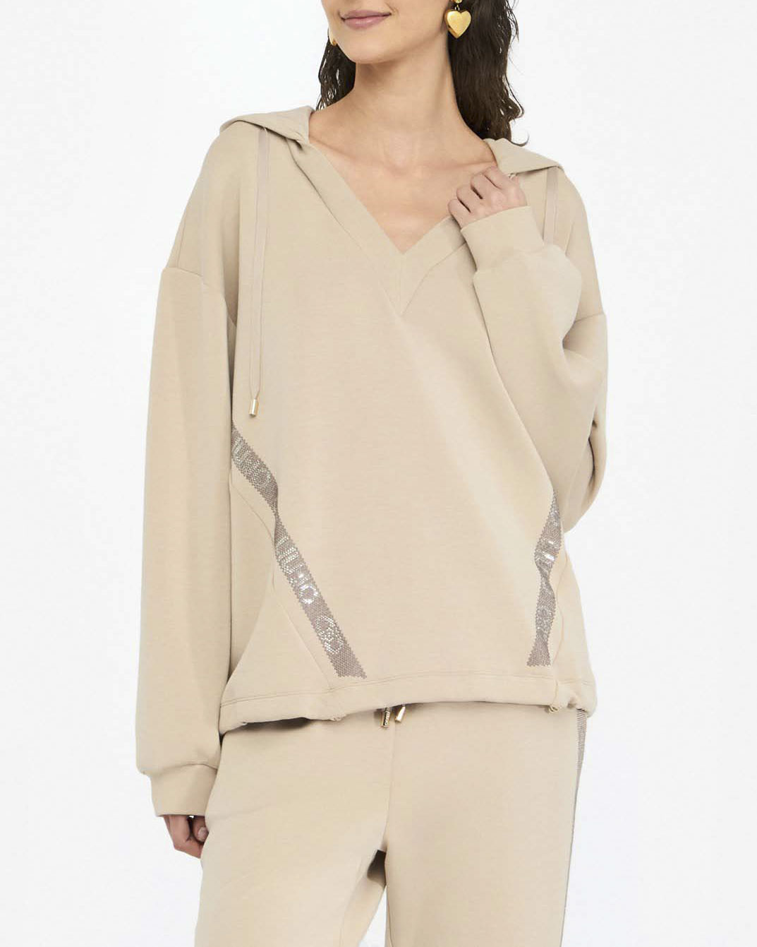 Felpa Liu Jo Sport beige in tessuto stretch con logo in rilievo
