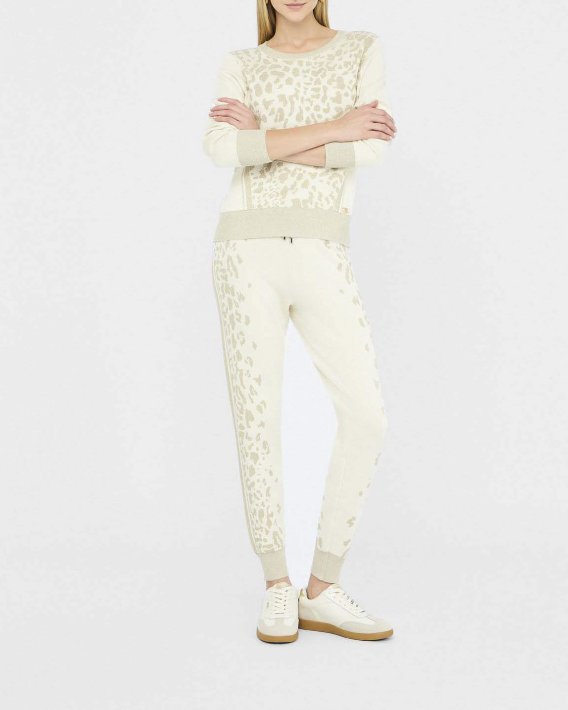 Pantaloni Liu Jo Sport avorio in viscosa con motivo animalier in rilievo