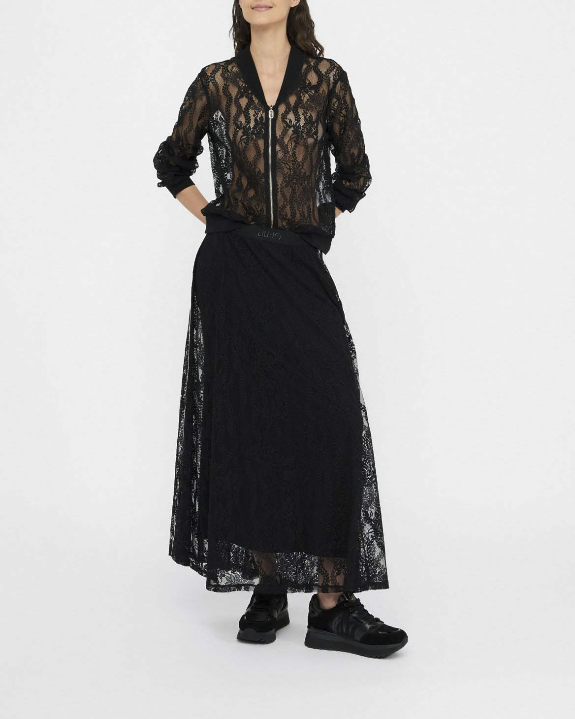 Gonna Liu Jo Sport nera in pizzo con fascia elastica in rilievo