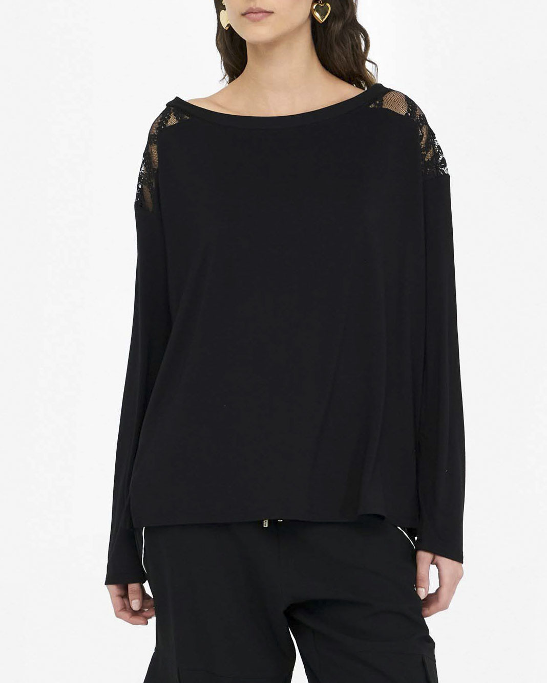 T-shirt Liu Jo Sport nera in viscosa con dettagli in pizzo