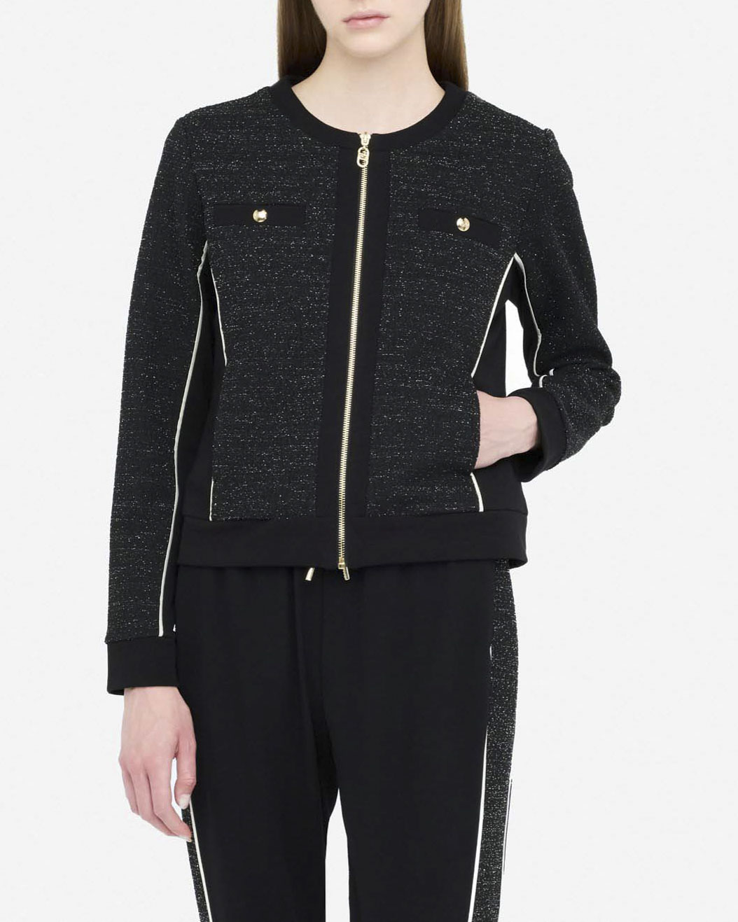 Felpa Liu Jo Sport nera in bouclé lurex con dettagli in rilievo