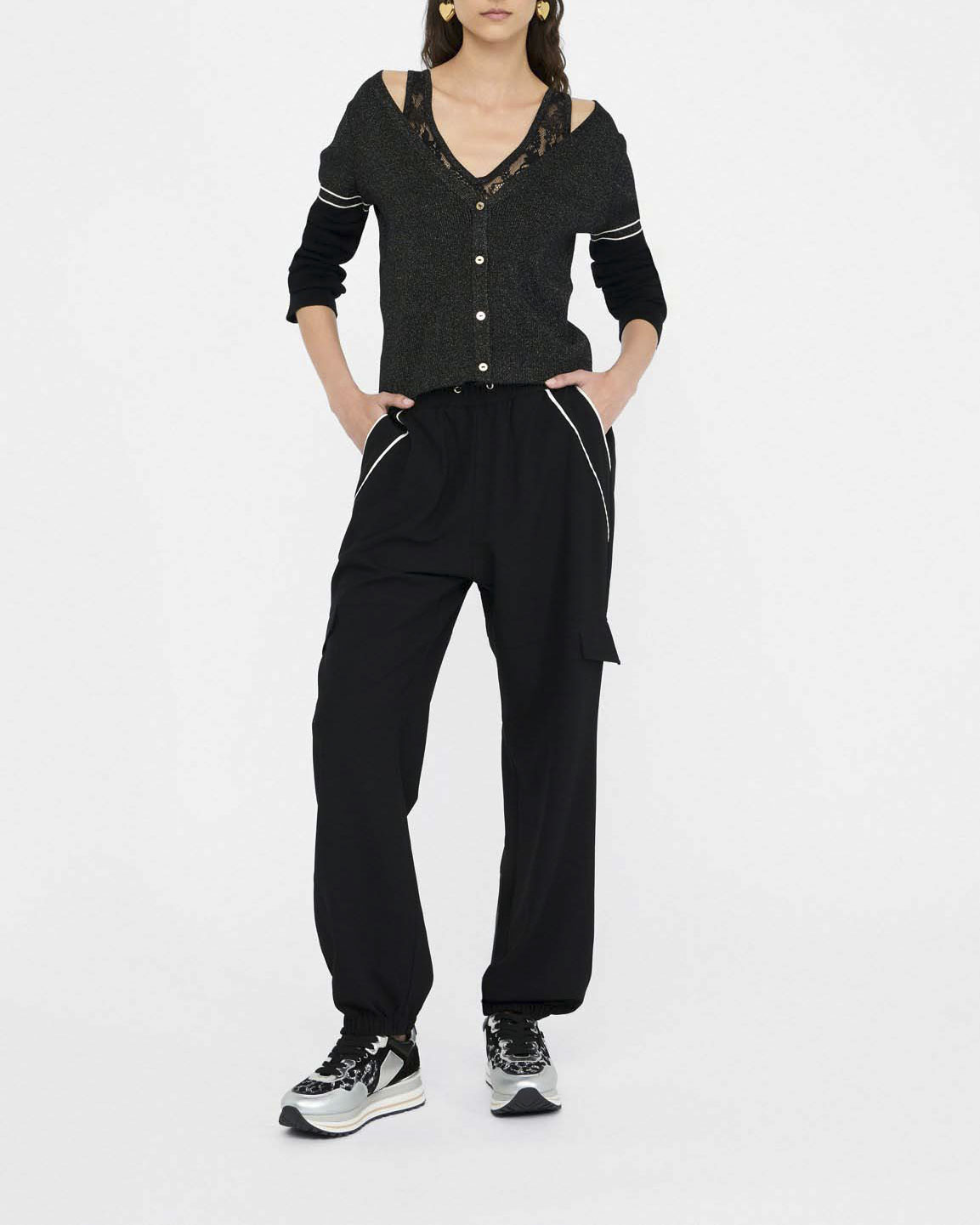 Cardigan Liu Jo Sport nero in maglia con dettagli in pizzo e lurex