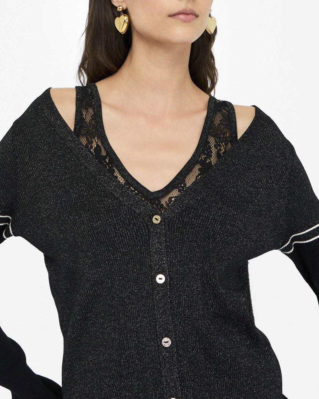 Cardigan Liu Jo Sport nero in maglia con dettagli in pizzo e lurex