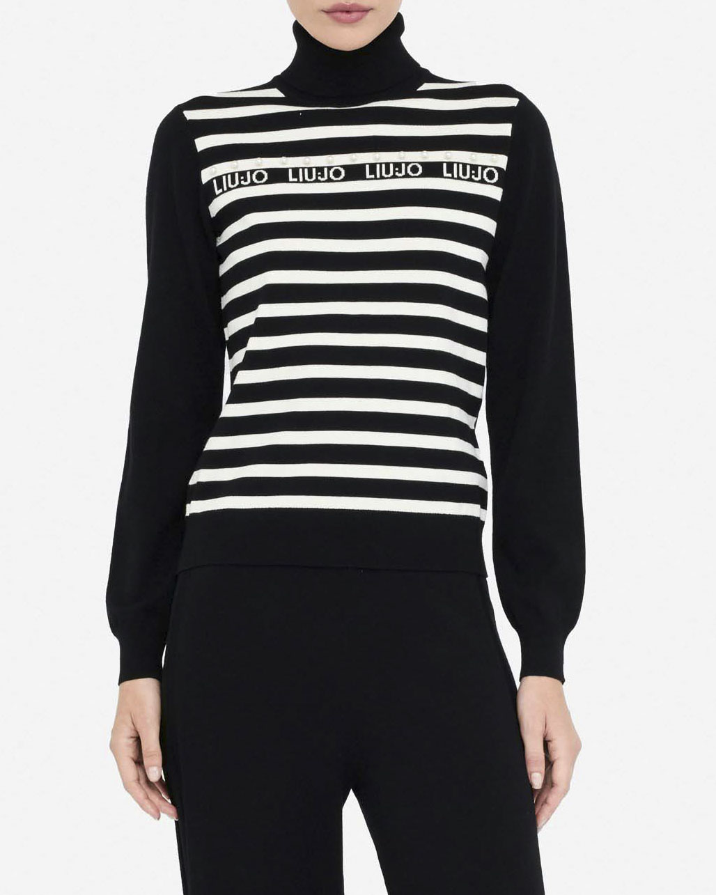 Maglia Liu Jo Sport nera a righe in viscosa con logo in rilievo