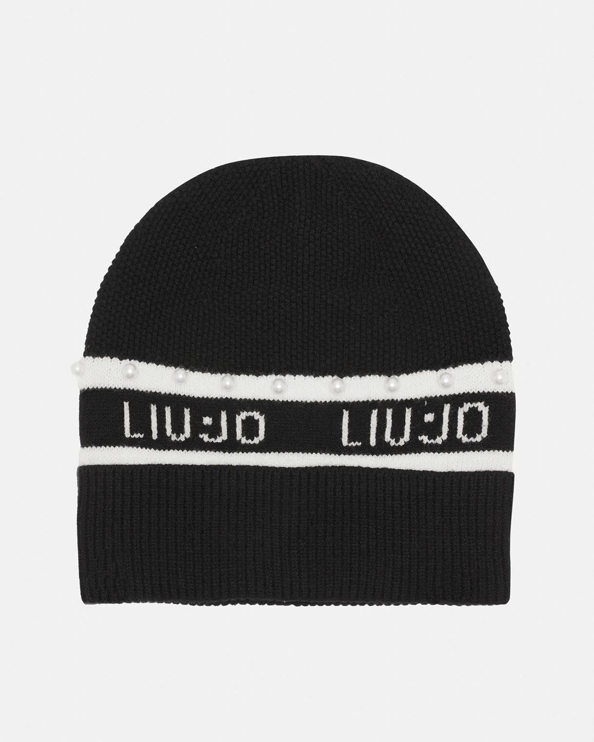 Berretto Liu Jo Sport nero in maglia con logo e perle in rilievo