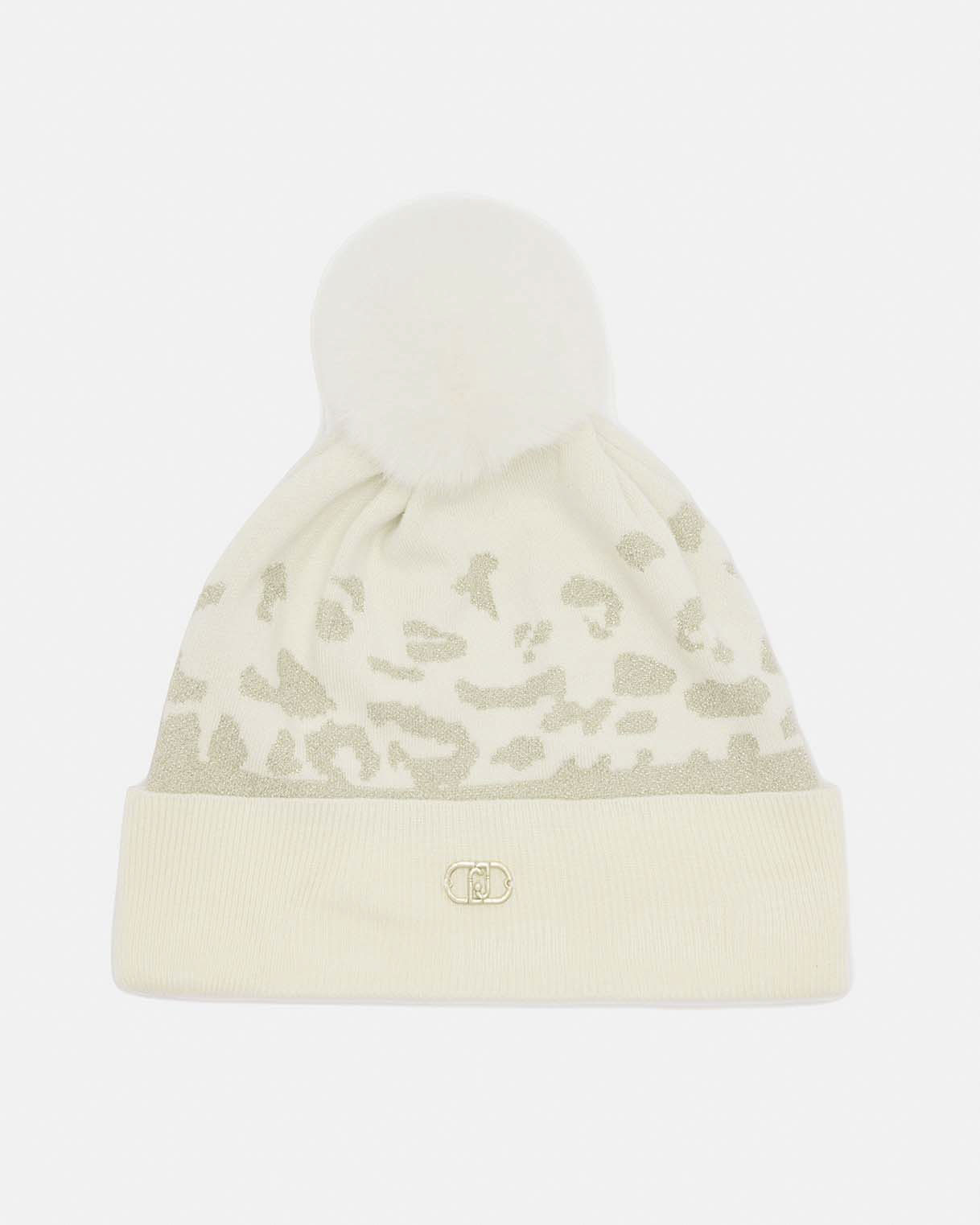 Cappello Liu Jo Sport avorio in misto viscosa con jacquard animalier e pompon