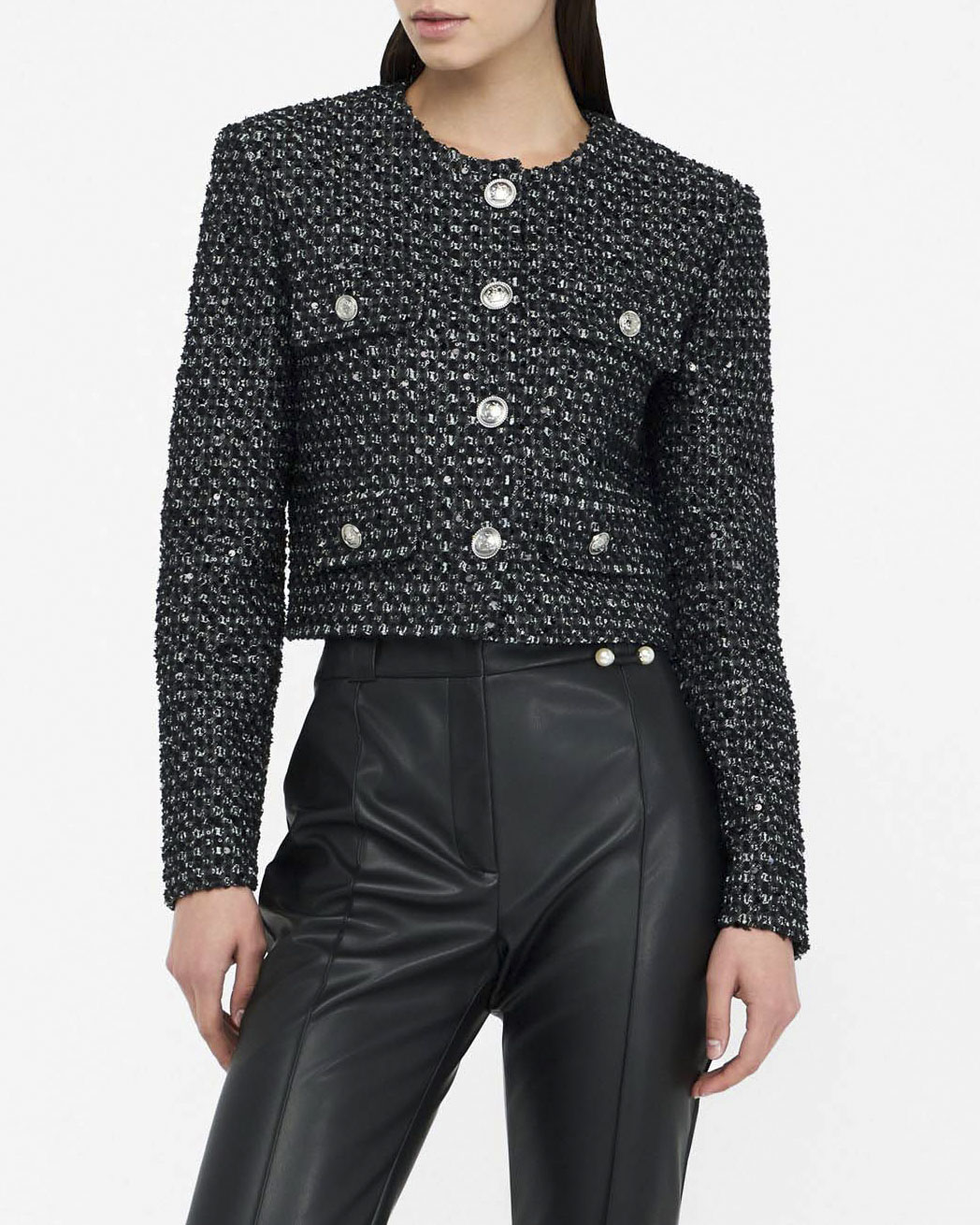 Giacca Liu Jo Jeans nera in bouclé con micro paillettes applicate