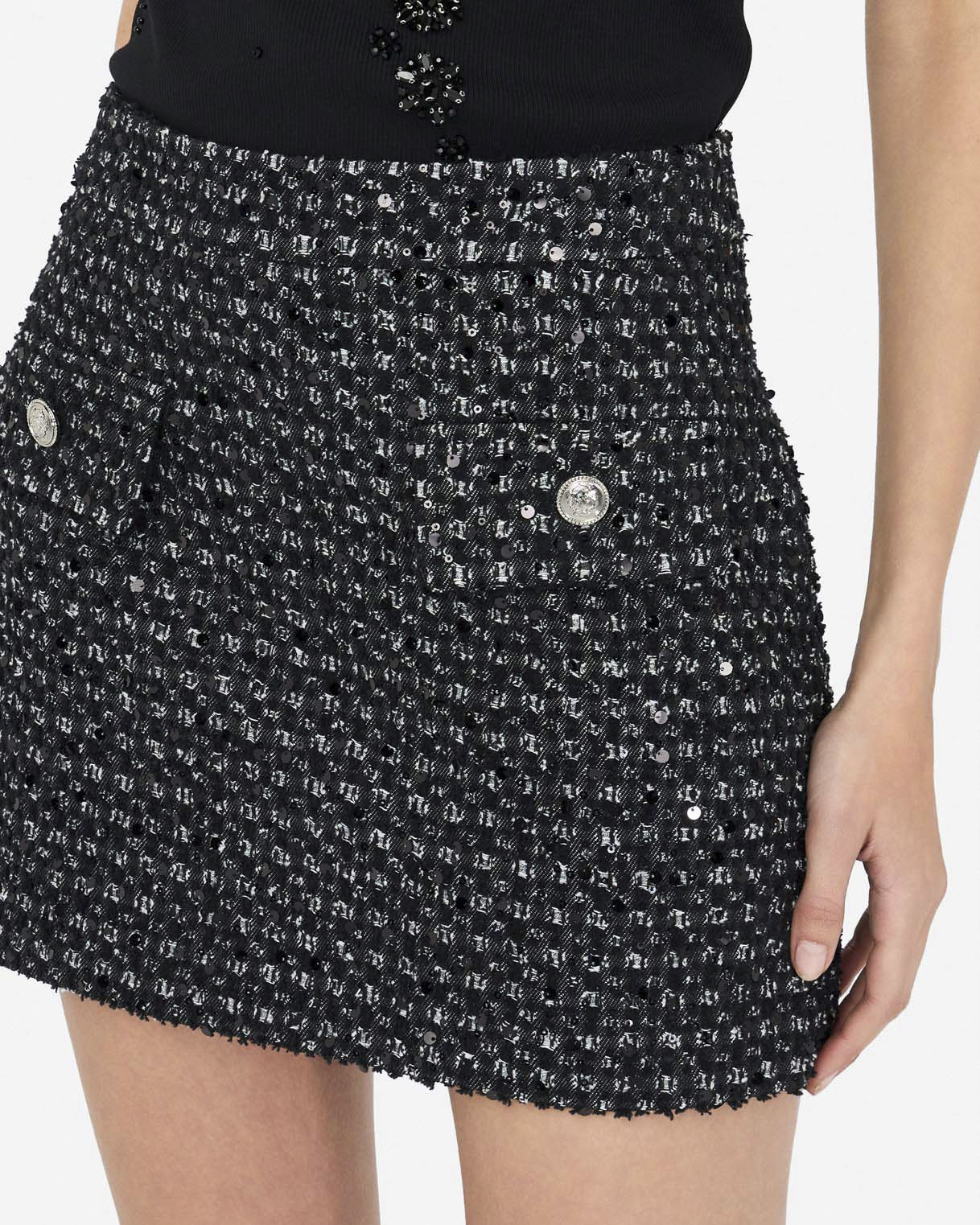 Minigonna Liu Jo Jeans nera in bouclé con paillettes applicate image