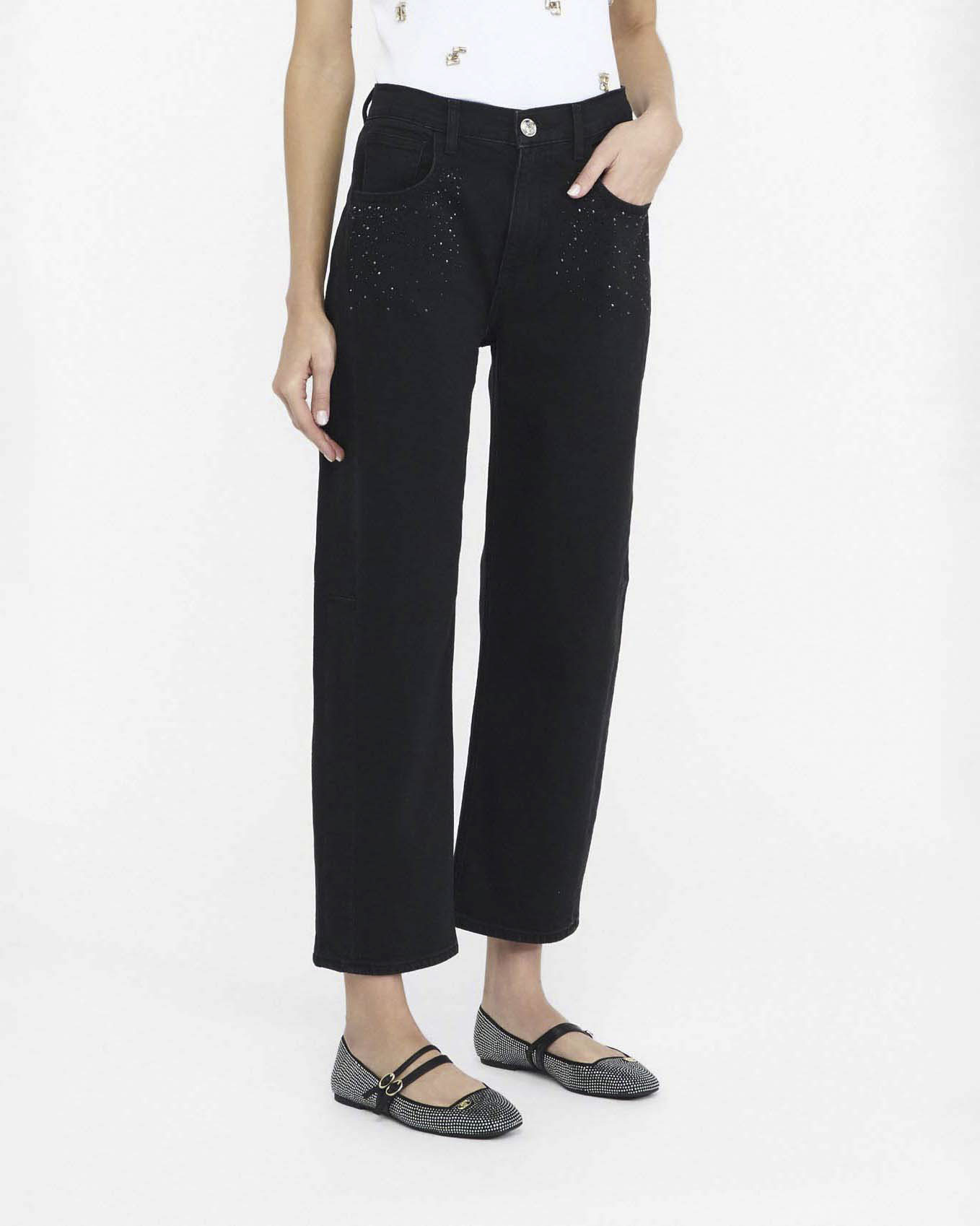 Jeans cropped Liu Jo Jeans neri in denim con strass applicati image