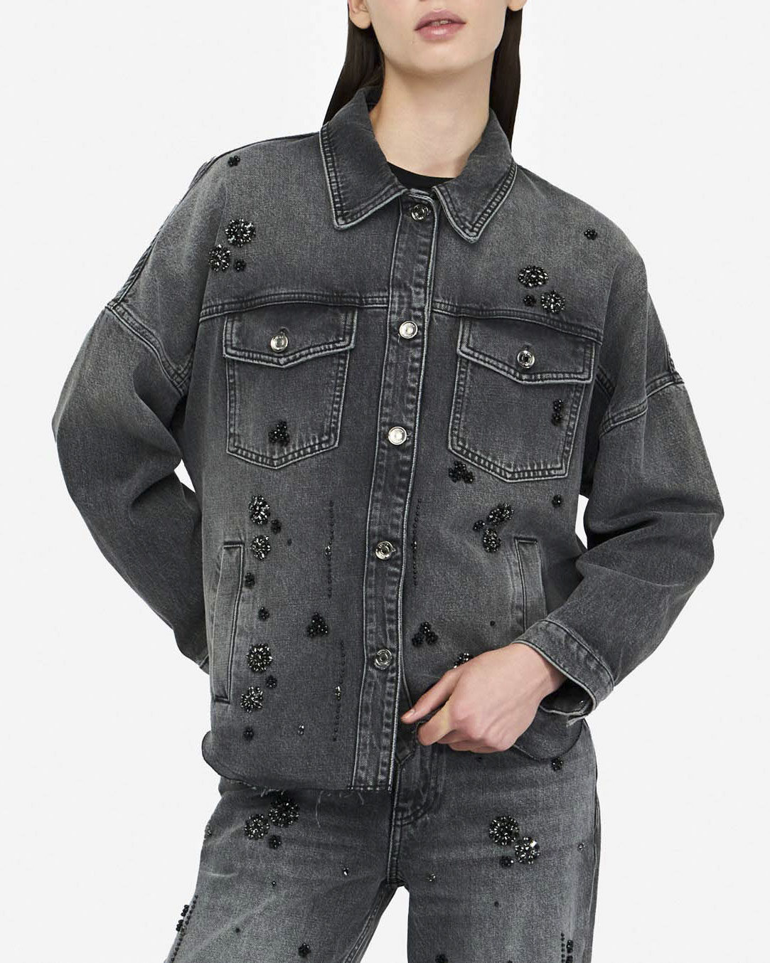 Giacca Liu Jo Jeans nera in denim con applicazioni in rilievo
