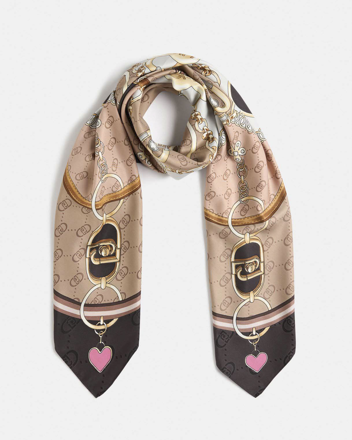 Foulard Liu Jo Accessories marrone in tessuto con stampa catene e cuori