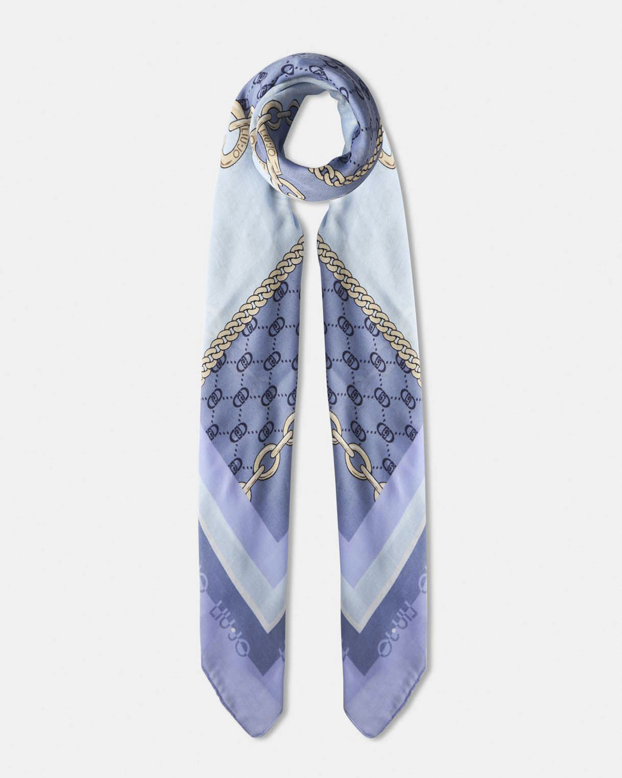 Foulard Liu Jo Accessories azzurro in tessuto leggero con stampa catene e logo