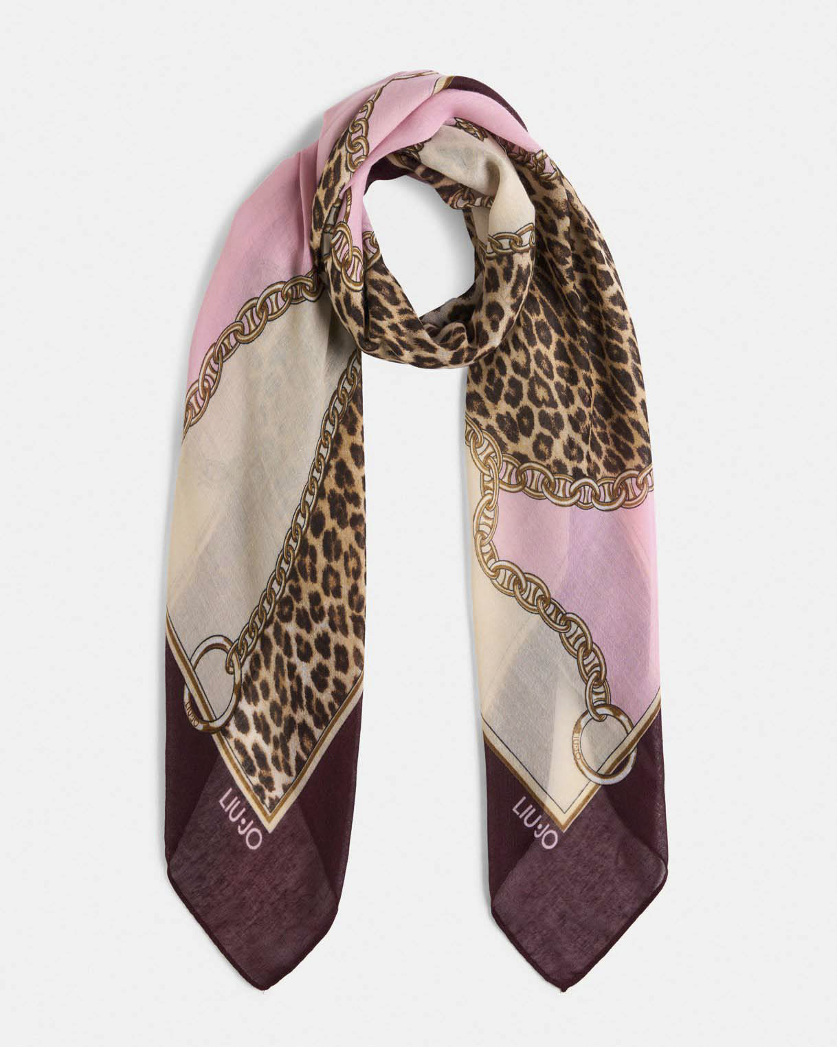 Foulard Liu Jo Accessories bordeaux in tessuto leggero con stampa animalier e catene