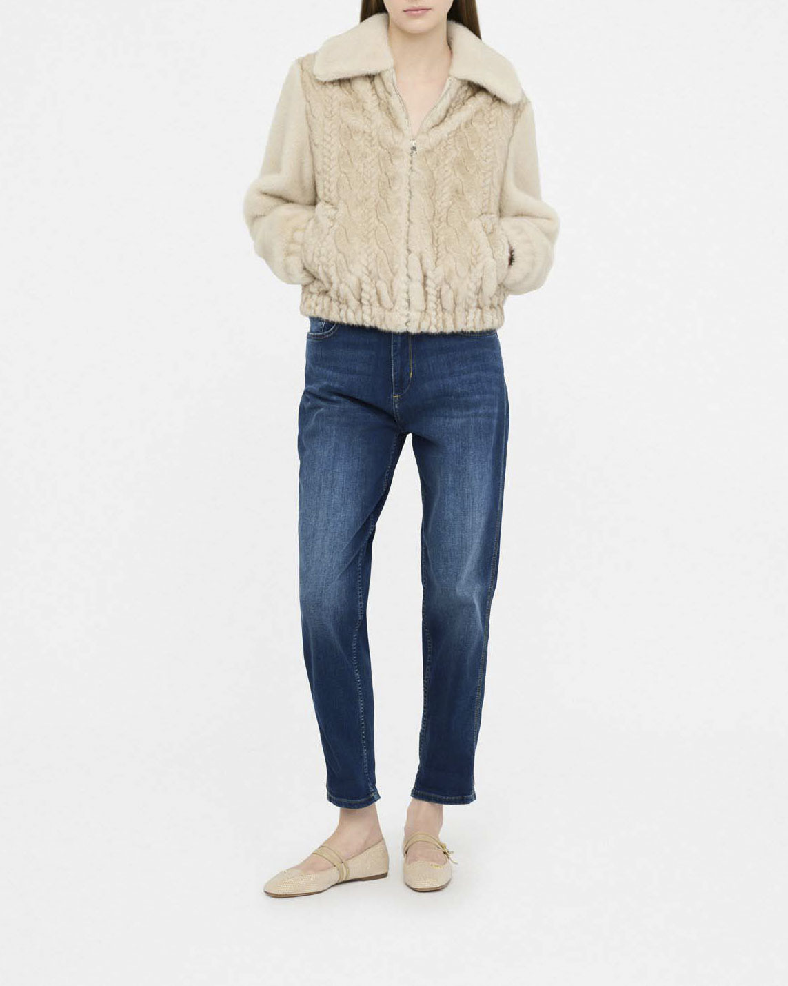 Bomber Liu Jo Jeans gesso in tessuto teddy con trecce in rilievo