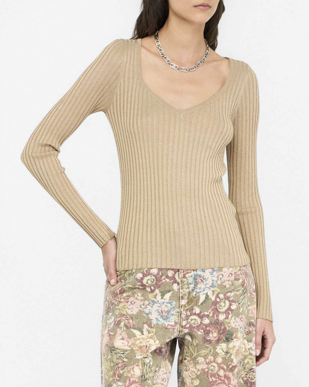 Maglia Liu Jo Jeans oro in misto viscosa con lurex e scollo a V