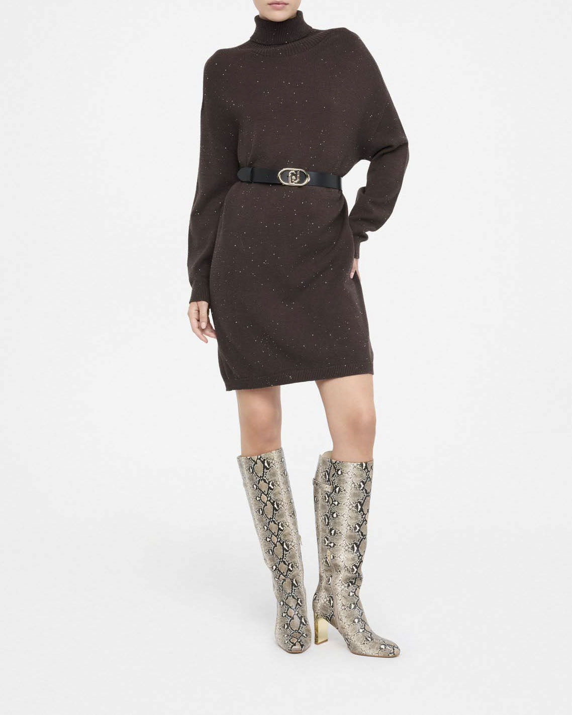 Abito Liu Jo Jeans marrone in maglia con cintura e dettagli lurex