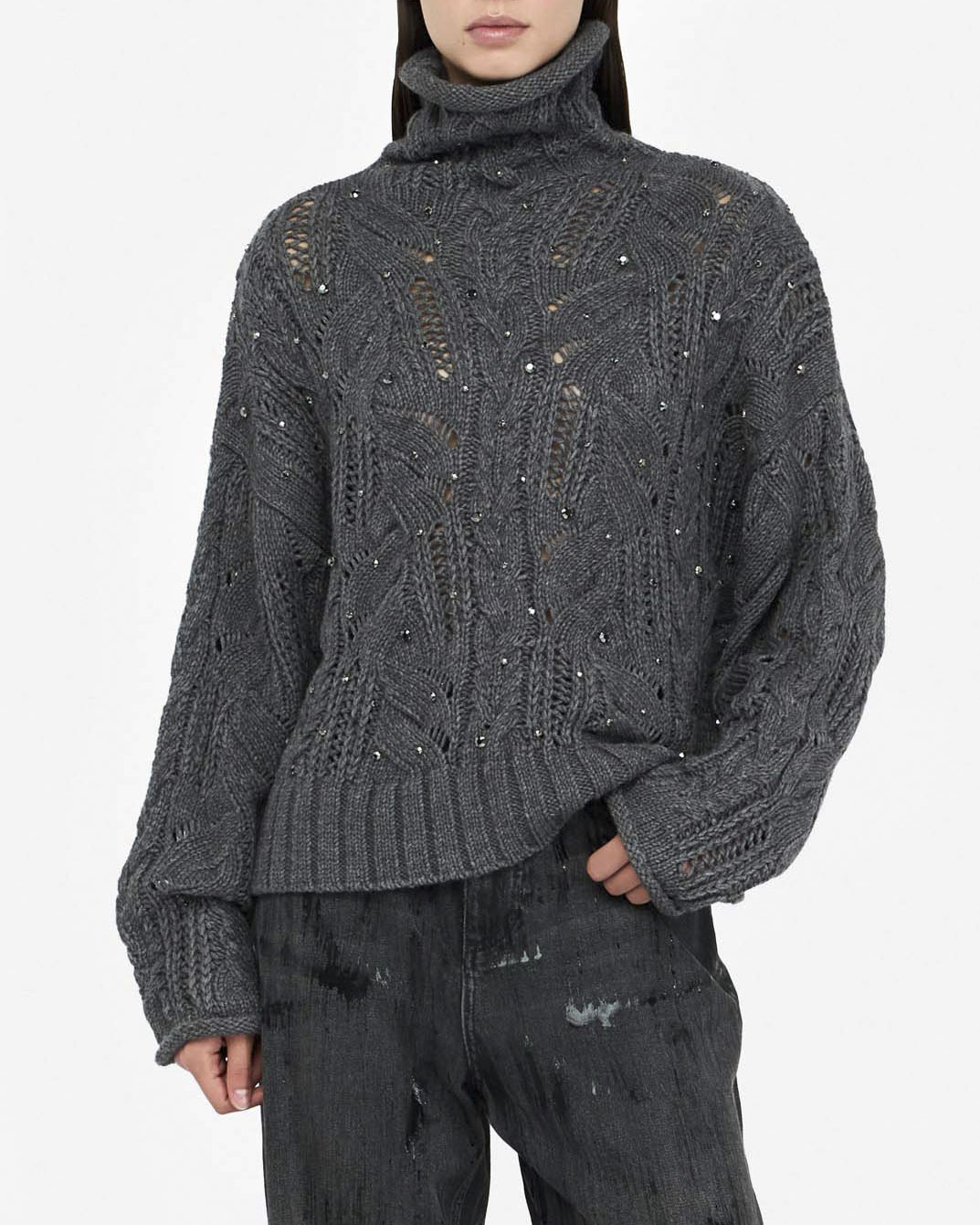 Maglione Liu Jo Jeans grigio in lana traforato con pietre gioiello