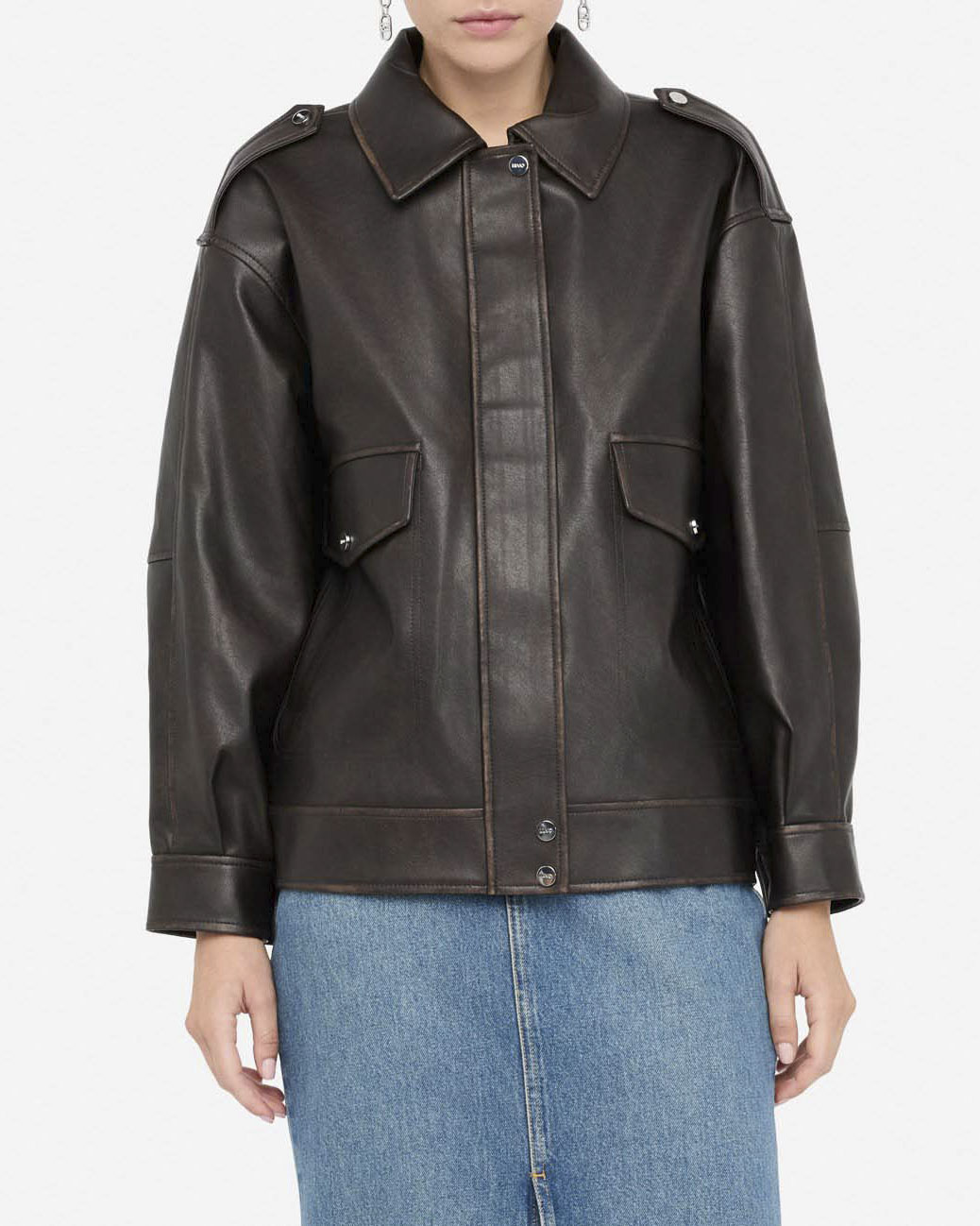 Giubbotto Liu Jo Jeans color testa di moro in similpelle con profili a contrasto image