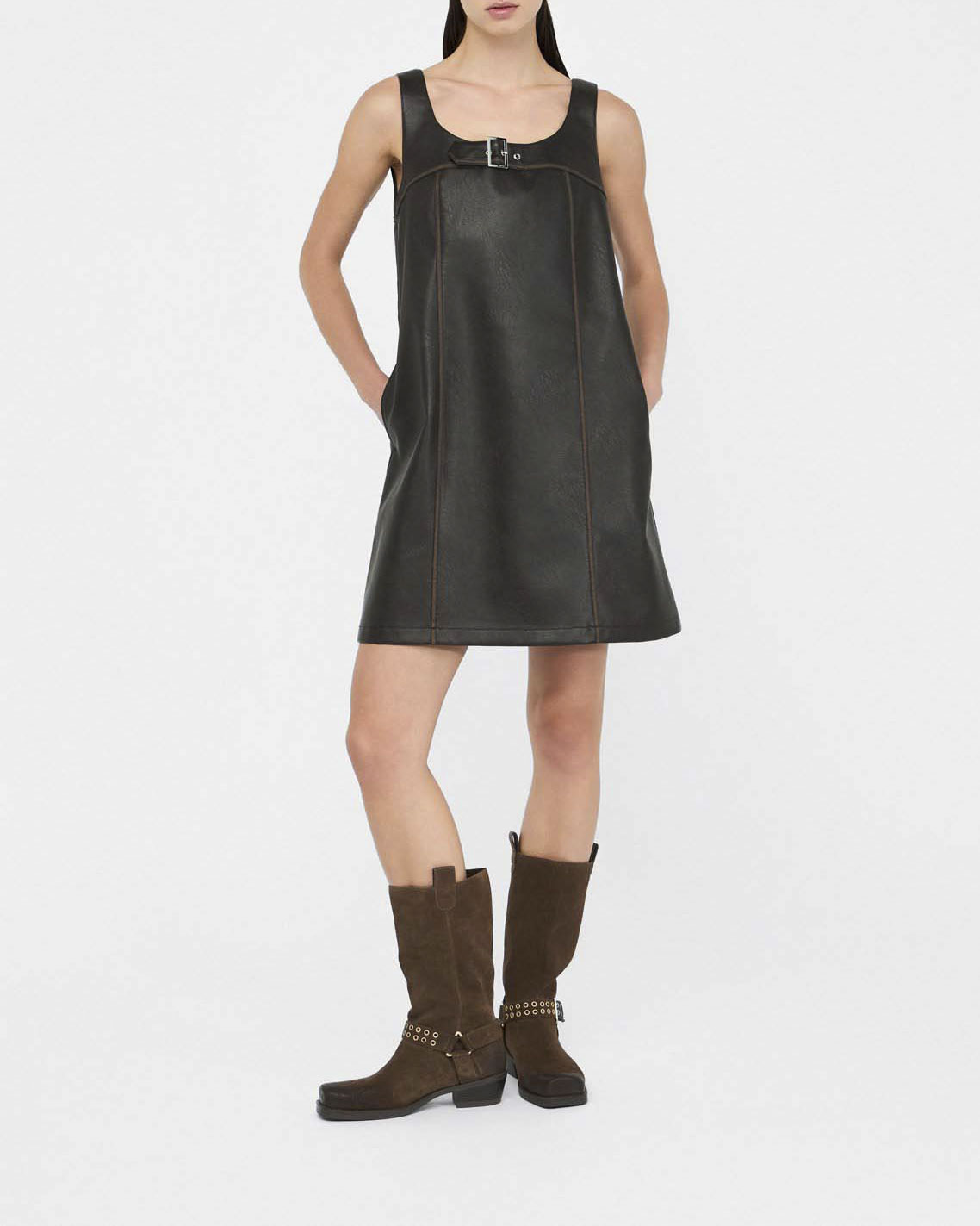 Abito corto Liu Jo Jeans marrone in tessuto spalmato con fibbia