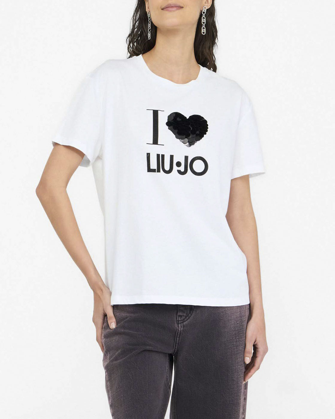 T-shirt Liu Jo Jeans bianca in cotone con scritta logo e pailettes nere