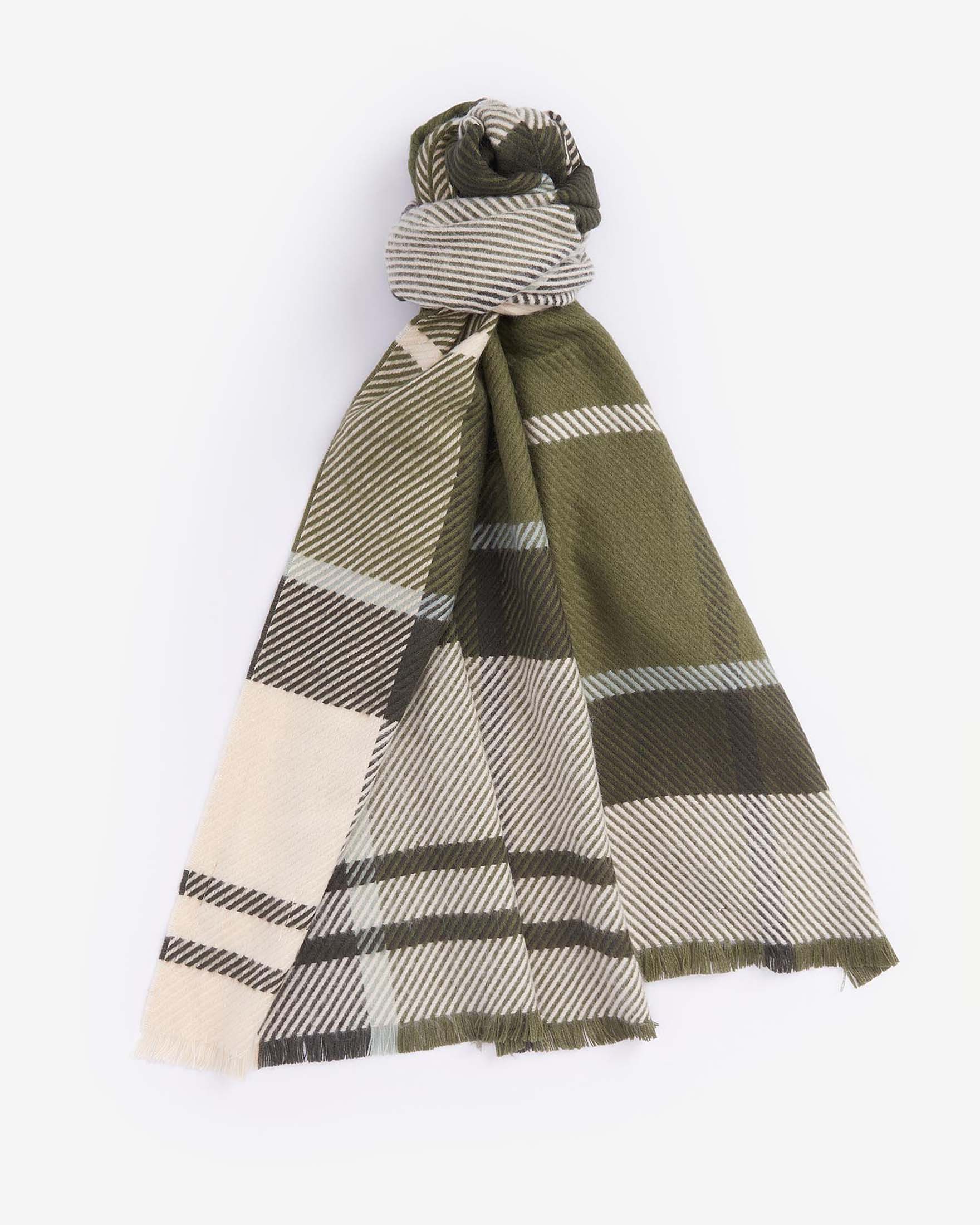 Barbour — Sciarpa Barbour Blair verde a fantasia tartan avorio in morbito twill con frangette al fondo