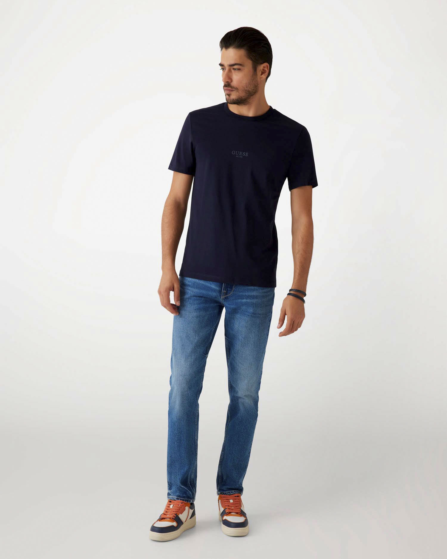 T-shirt Guess blu in cotone con logo in tono ricamato sul petto