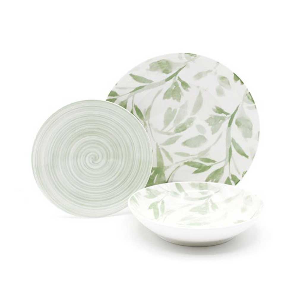 Casa Milano Servizio 18 Piatti Flower In Porcellana Colore Verde