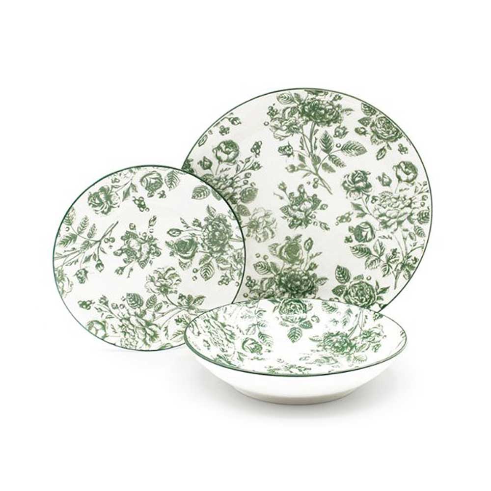 Casa Milano Servizio 18 Piatti Roseto In Porcellana Colore Verde