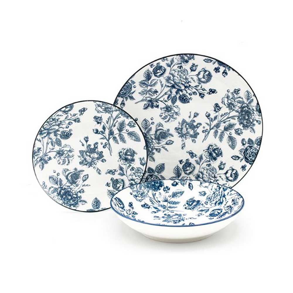 Casa Milano Servizio 18 Piatti Roseto In Porcellana Colore Blu